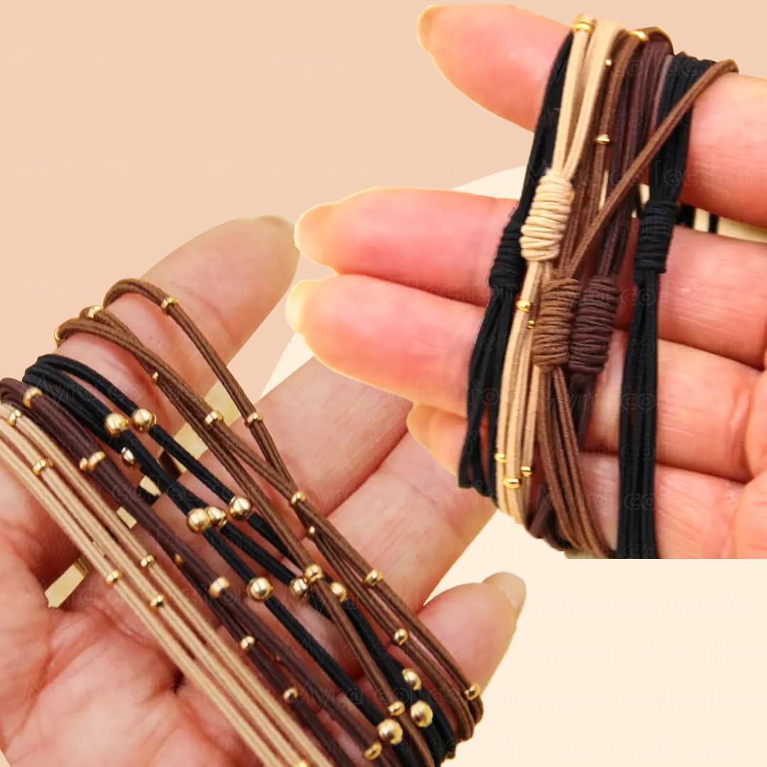Myra Collection 5-Piece Gold Beaded Hair Ties & Bracelet Set - 3-Layer Elastic Hair Accessories for Women & Girls - Elegant Ponytail Holders for Daily Wear, Parties & Special Occasions