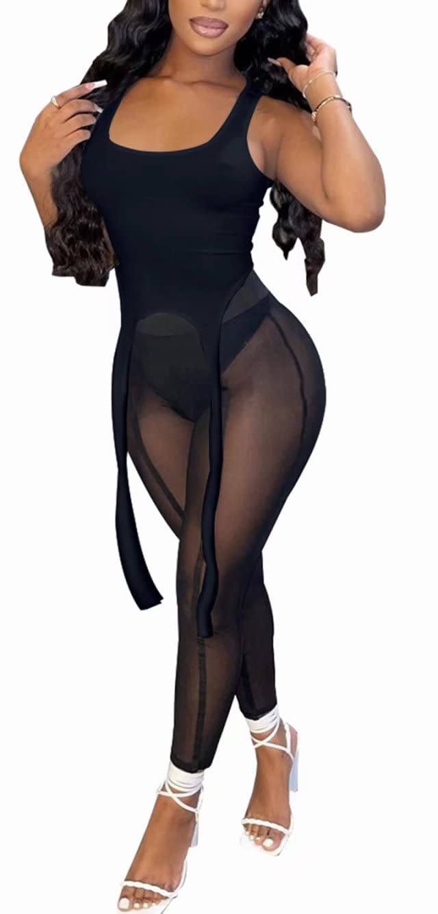 Sexy Women's 2-Piece Sheer Mesh Outfit - See-Through Pencil Pants & Cropped Tank Top Jumpsuit Set | Perfect for Date Night, Club Wear & Fashion Street Style