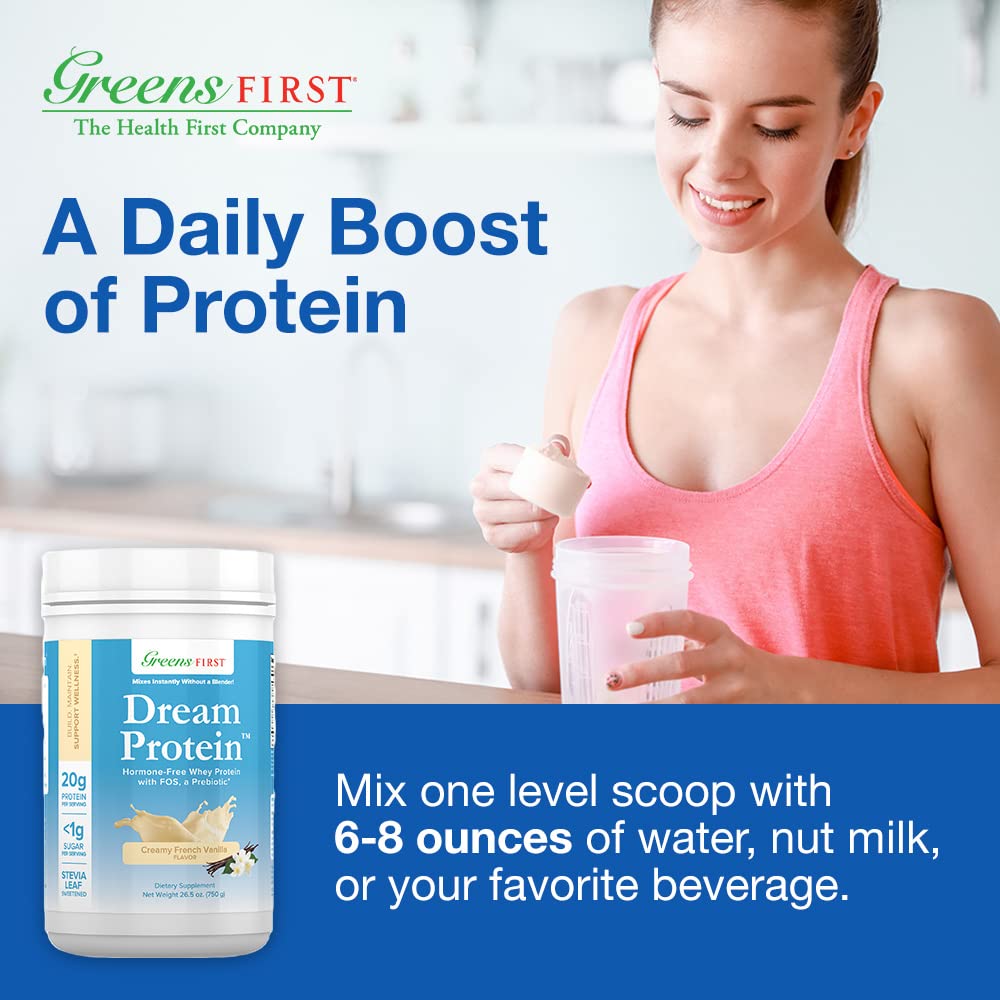 Greens First Dream Protein Powder Whey - 20g Protein Per Serving, Hormone-Free with Prebiotics, Non-GMO, No Artificial Sweeteners - Creamy French Vanilla Flavor (26.5 oz) | Post-Workout Recovery, Meal Replacement, Smoothie Booster for Fitness & Weight Management