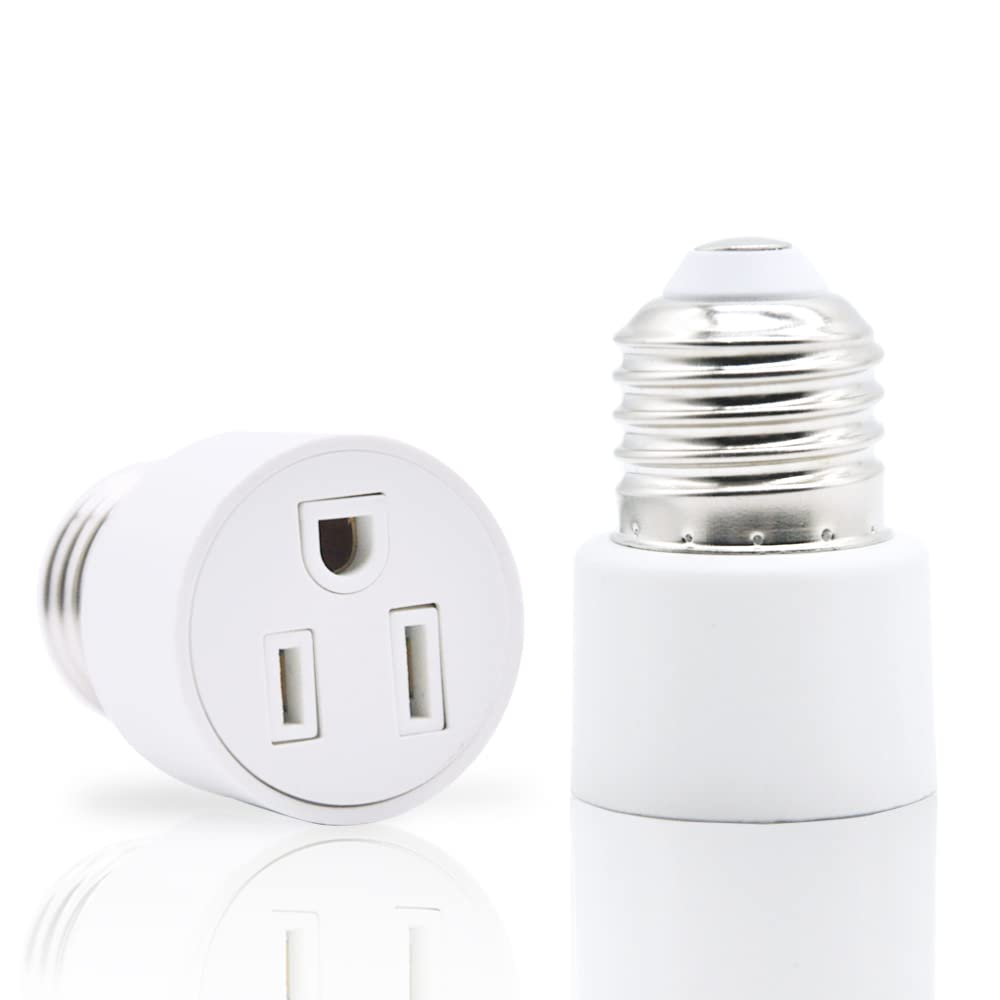 3 Prong Outlet Light Socket Adapter - E26 to Outlet Converter, Screw-in Light Bulb Socket Plug (2 Pack, White) - Perfect for Porch Lights, Security Cameras, Garage Lighting & Holiday Light Strings