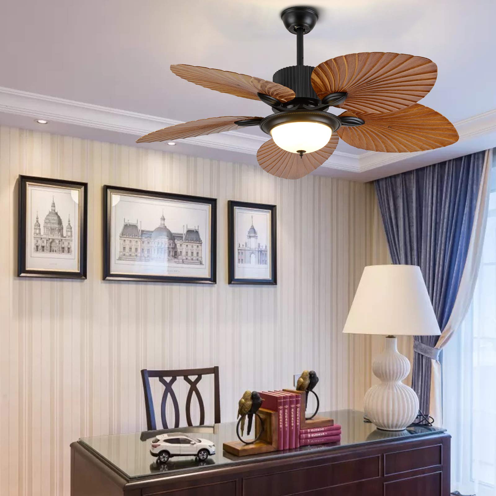 52 Inch Tropical Palm Leaf Ceiling Fan with Lights - 3 Speed Remote Control, 3-Light Fixture & 5 Blades - Premium Indoor/Outdoor Ceiling Fan for Home, Bedroom, Living Room, Restaurant & Patio Decor