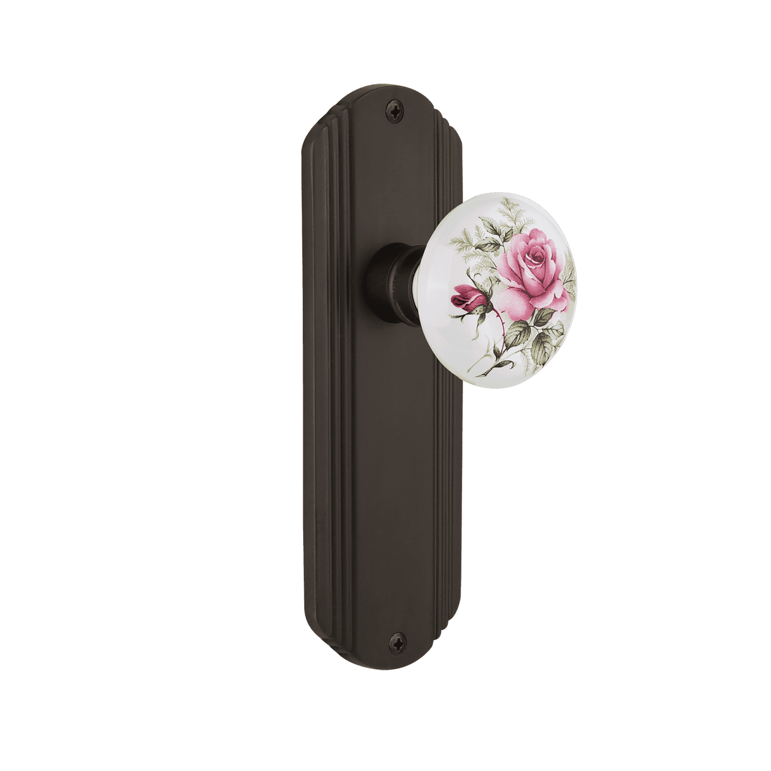 Decorative Long Plate with White Rose Porcelain Knob in Oil Rubbed Bronze - Elegant Cabinet Hardware for Kitchen, Bathroom & Furniture Upgrade