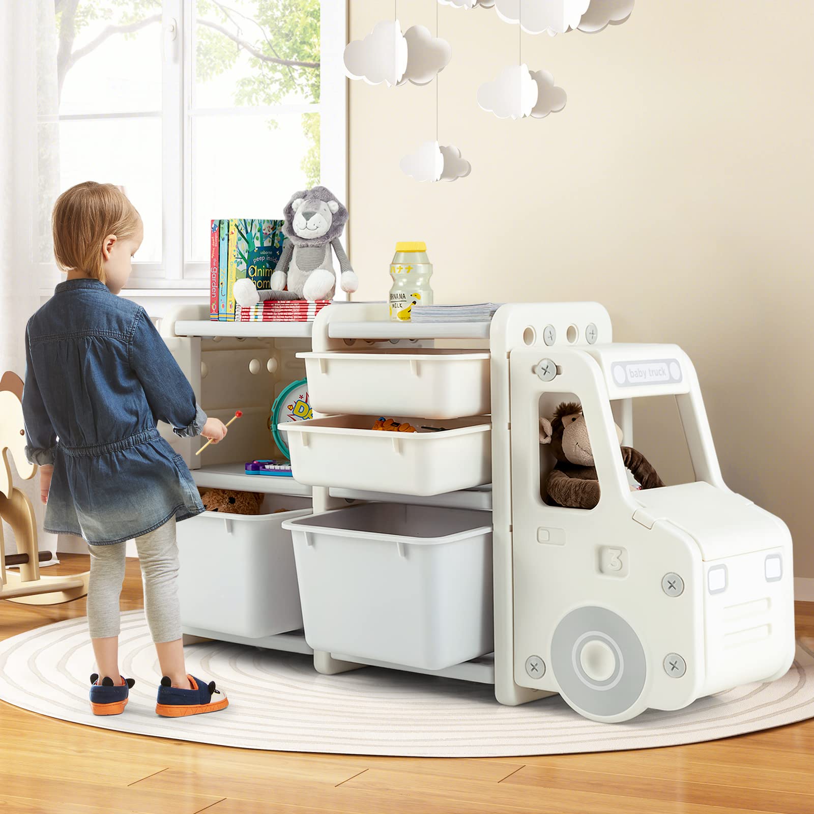 Costzon Kids Toy Organizer & Storage - 2 Large Bins, 2 Drawers, Open Shelf - Multifunctional Toy Chest & Bookcase for Playroom, Bedroom, Nursery (Beige) | Perfect for Organizing Toys, Books & Kids' Room Decor