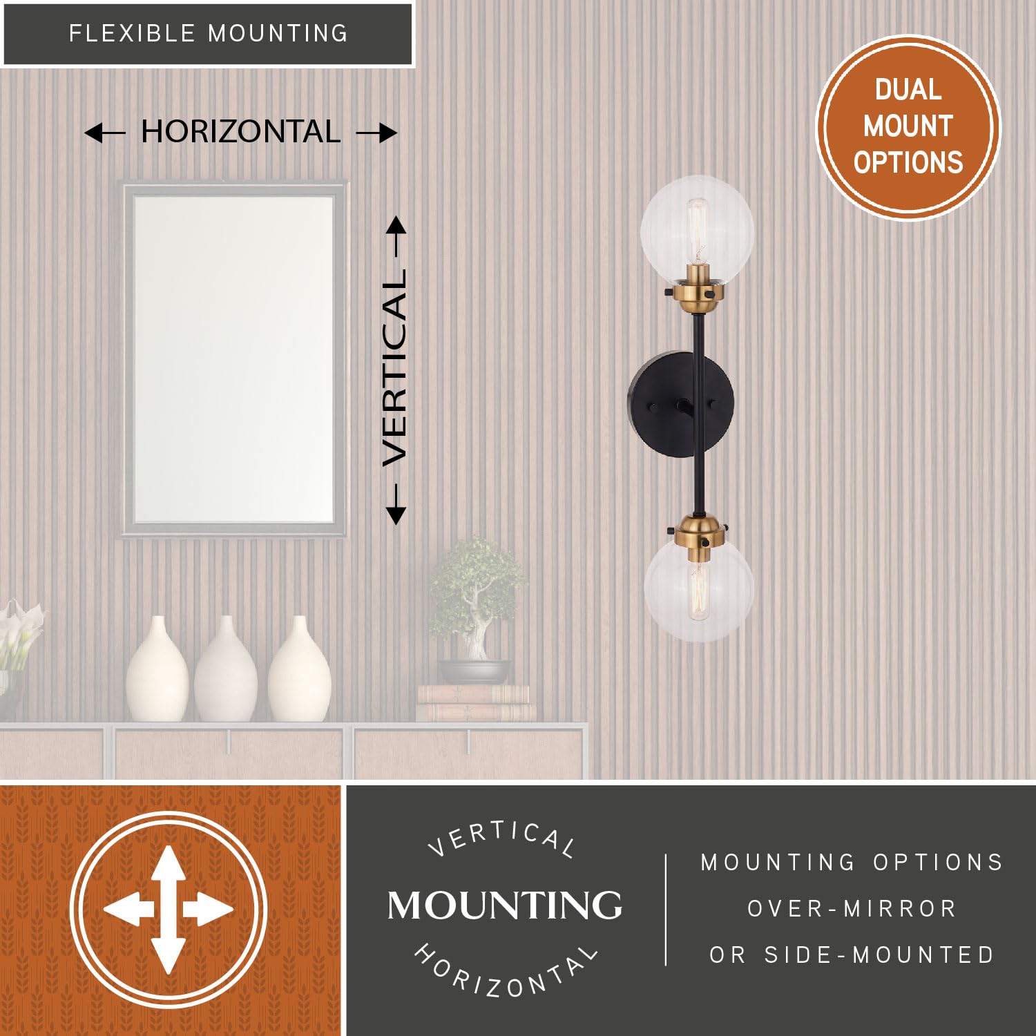 VAXCEL Orbit 2 Light Wall Sconce - Industrial Modern Brass & Oil Rubbed Bronze Fixture with Clear Glass Globe - Perfect for Bedroom, Living Room, and Hallway Lighting