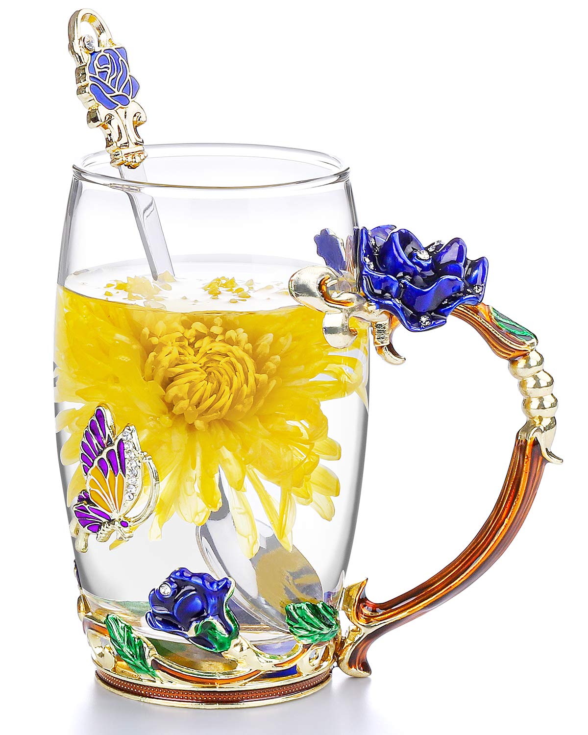 COAWG 330ML Glass Tea Cup & Coffee Mug - Handmade Rose Flower Butterfly Design with Spoon - Perfect Gift for Birthday, Wedding, Christmas - Ideal for Tea, Coffee, Hot Chocolate & Home Decor