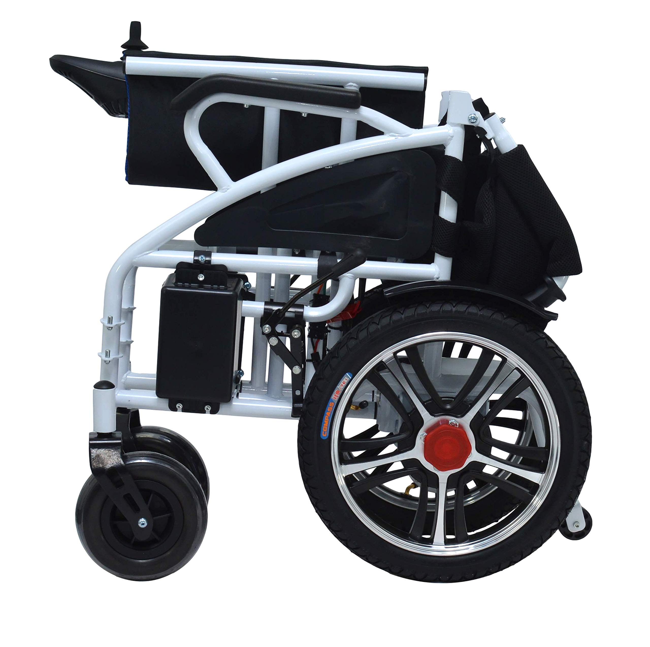 Durable Folding Electric Wheelchair - Portable Motorized Mobility Scooter with Power Transport - Lightweight Foldable Design (Blue-White) - Ideal for Travel, Shopping & Indoor/Outdoor Use