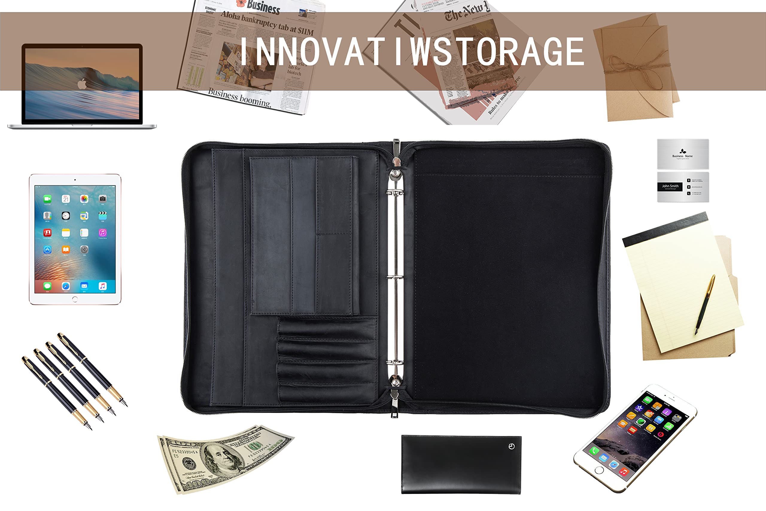 **Personalized Leather Portfolio for Men - Custom Engraved Name, Genuine Leather 3-Ring Binder Organizer with A4 Writing Pad - Handmade Business Gift for Professionals, Executives & Graduates (Black) - Perfect for Meetings, Presentations & Corporate Gifts**