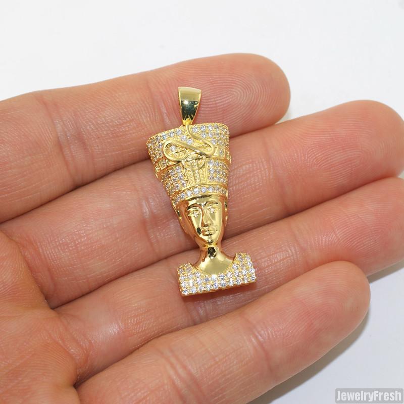 14K Gold Iced Out Mini Queen Nefertiti Pendant Necklace - Egyptian Jewelry for Women, Hip Hop Bling, Gift for Her - Perfect for Parties, Date Nights & Special Occasions