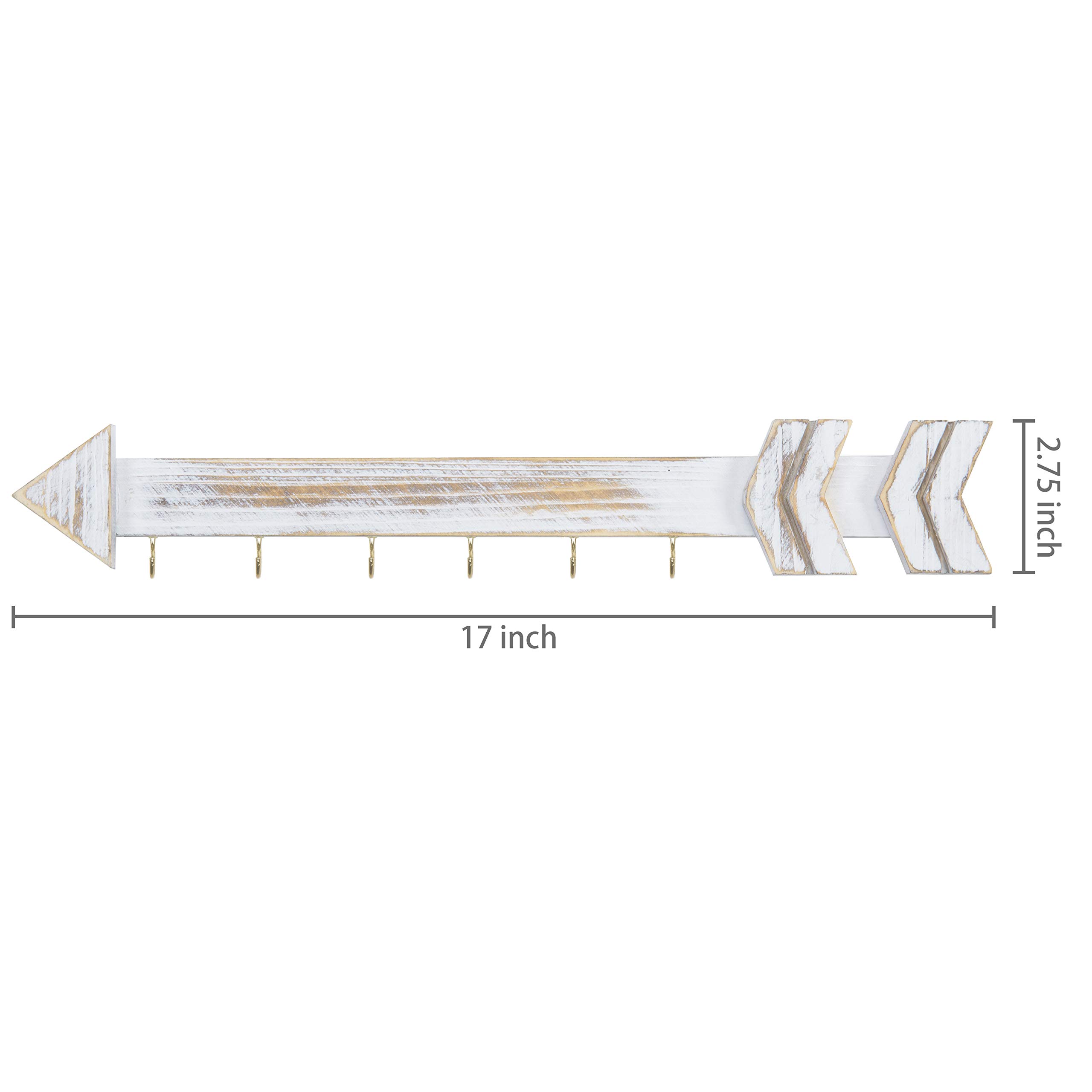 MyGift Whitewashed Wood Wall Jewelry Organizer - Arrow Design Necklace Hanging Rack with 6 Hooks | Perfect for Bedroom, Bathroom & Closet Organization | Space-Saving Jewelry Storage Solution