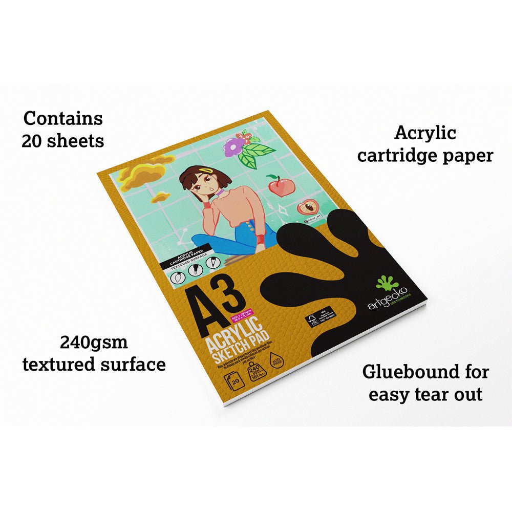Artgecko Pro Acrylic Sketchpad - A3 Size 20 Sheets 240gsm White Paper for Artists, Drawing & Painting - Perfect for Studio, Classroom & Outdoor Sketching