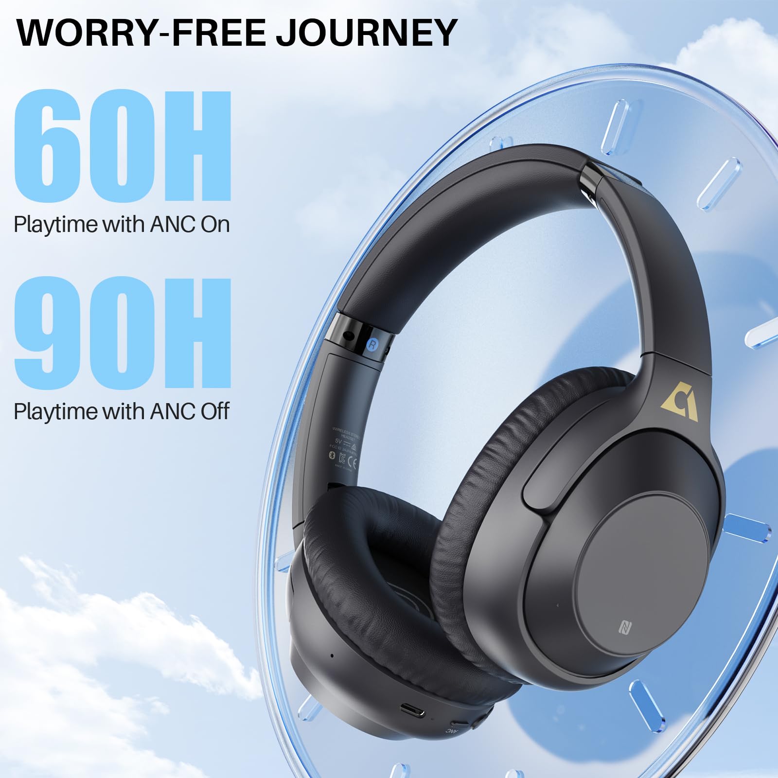 Lavales Bluetooth Over-Ear Headphones with Active Noise Cancelling, 90H Playtime Wireless Headphones with Built-in Mic - Perfect for Airplane Travel, Home Office, Android Devices & Commuting