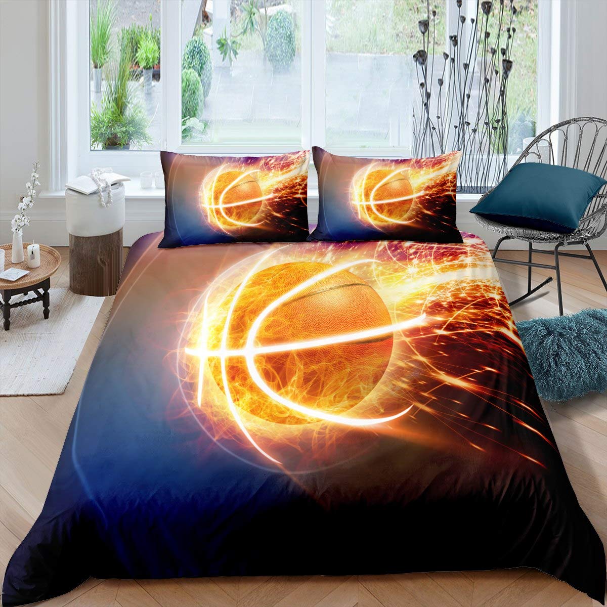 3D Basketball Duvet Cover Queen Size - Fire Pattern Ultra Soft Comforter Set with Zipper (1 Duvet Cover + 2 Pillowcases) 90x90 Inches - Perfect for Boys, Teens & Sports Fans Bedroom Decor