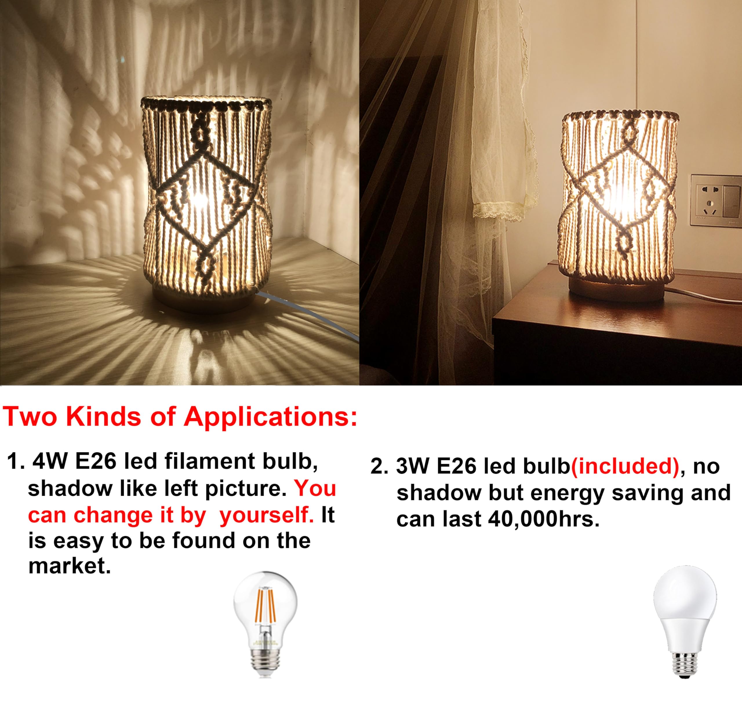 Boho Table Lamp with Hollow-Out Macrame Shade & Solid Wood Base - Handmade Decorative Night Light for Bedroom, Living Room, End Table - Includes Bulb (Creamy White) | Perfect for Cozy Reading Nooks, Romantic Bedside Lighting & Boho Home Decor