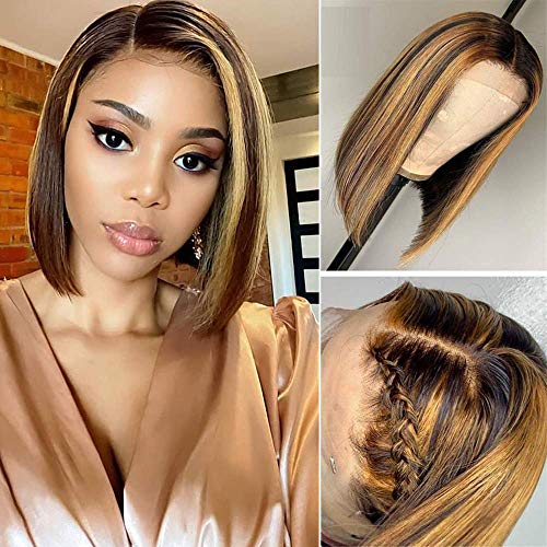 13x4 Lace Front Human Hair Bob Wig with Baby Hair - Pre Plucked Ombre Honey Blonde Brazilian Virgin Hair - Bleached Knots 150% Density 8 Inch - Perfect for Daily Wear, Cosplay & Special Occasions