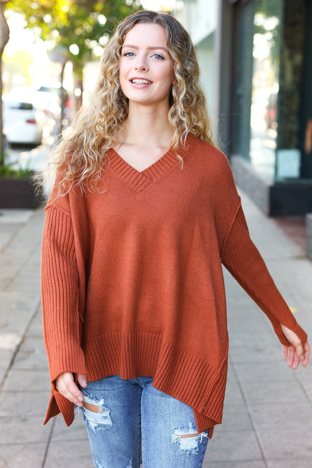 Stylish Rust Oversized V-Neck Rib Knit Sweater for Women | Cozy Fall & Winter Pullover | Perfect for Casual Outings, Date Nights & Office Wear