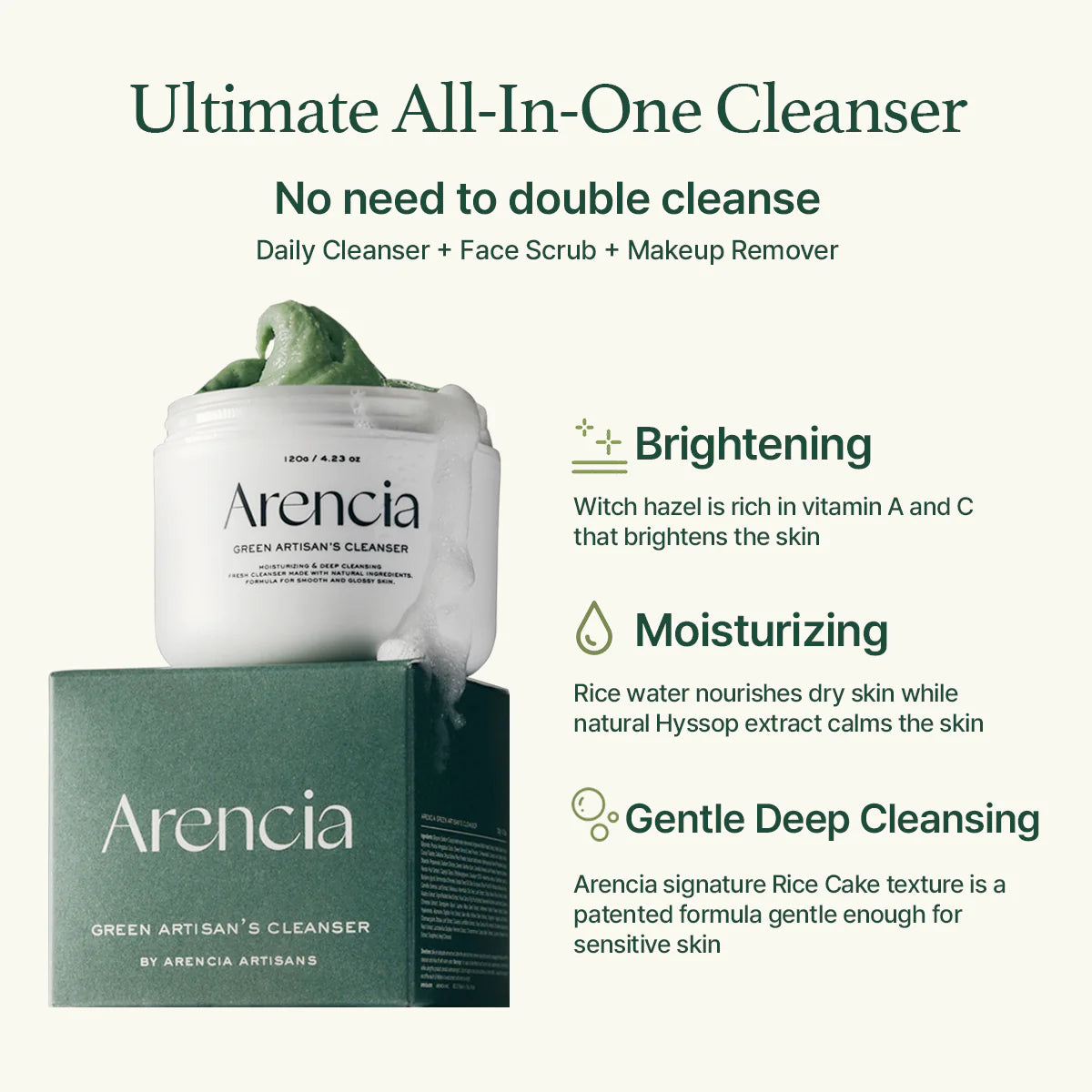 Arencia Green Artisan Cleanser Rice Soap 120g - Natural Korean Skincare for Acne & Brightening - Perfect for Daily Face Wash & Sensitive Skin Care Routine