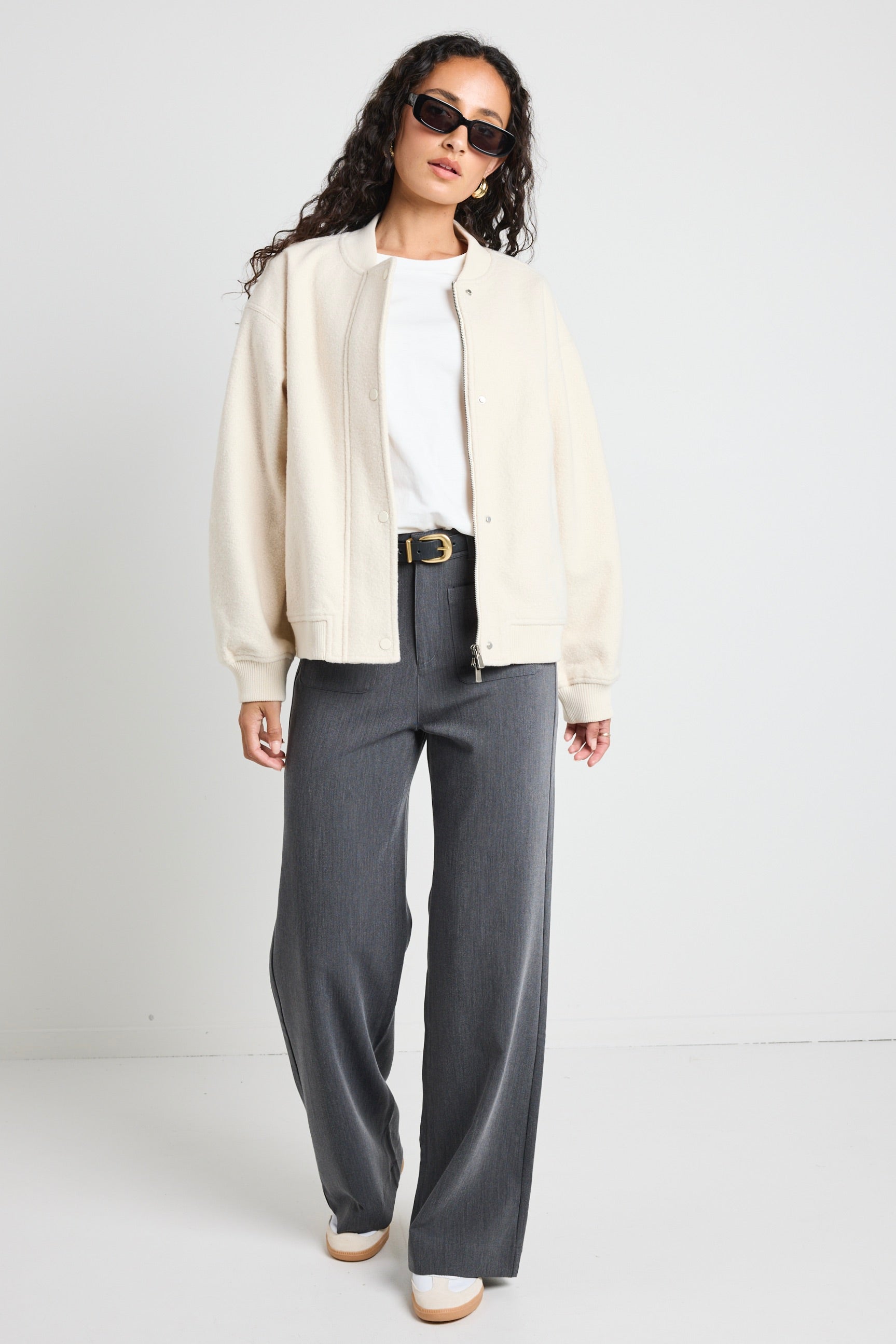 Stylish Brisk Bone Boucle Bomber Jacket for Women - Trendy Oversized Coat with Pockets | Perfect for Fall, Winter & Casual Outfits