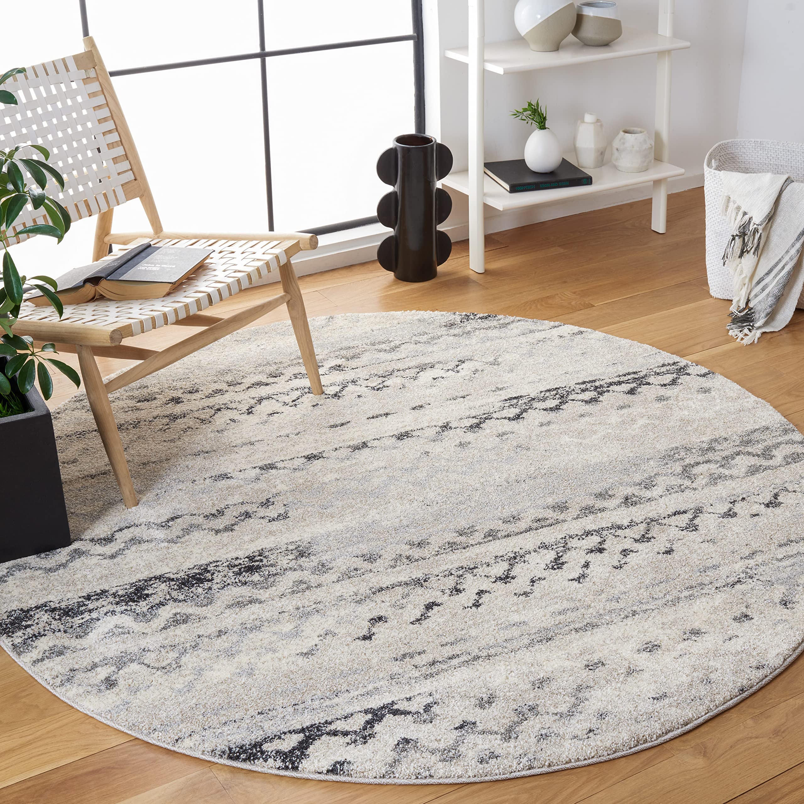 SAFAVIEH Retro Collection 6-Foot Round Cream & Grey Area Rug - Modern Abstract Non-Shedding Design for Dining Room, Living Room, Bedroom & Entryway - Perfect for Boho, Mid-Century & Contemporary Home Decor
