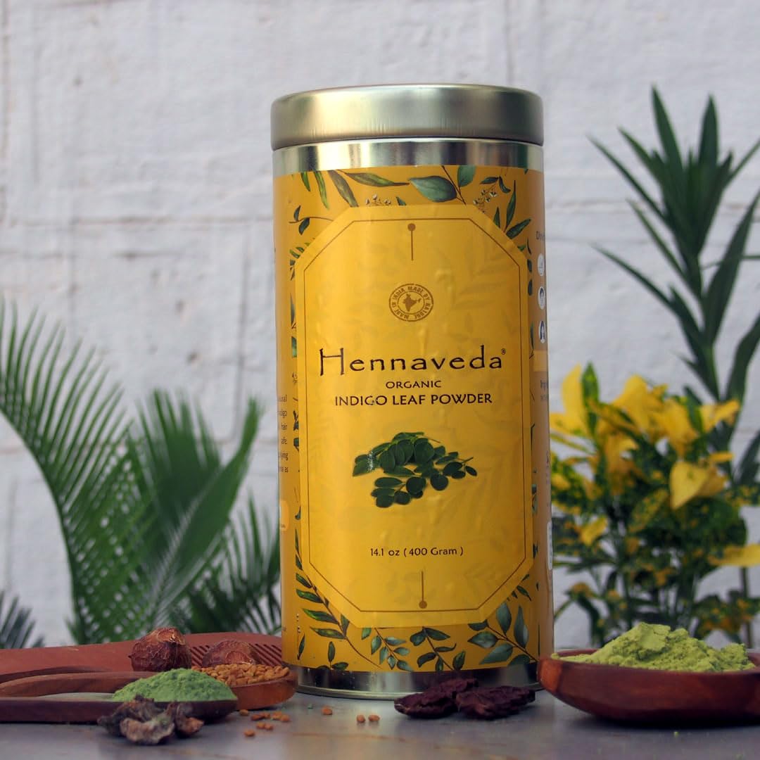 Natural Hennaveda Indigo Powder for Hair Dye - 400g with Free Hair Dye Brush, Gloves & Shower Cap | Organic Herbal Hair Coloring for Gray Coverage & Conditioning | Perfect for At-Home Hair Treatment & DIY Beauty