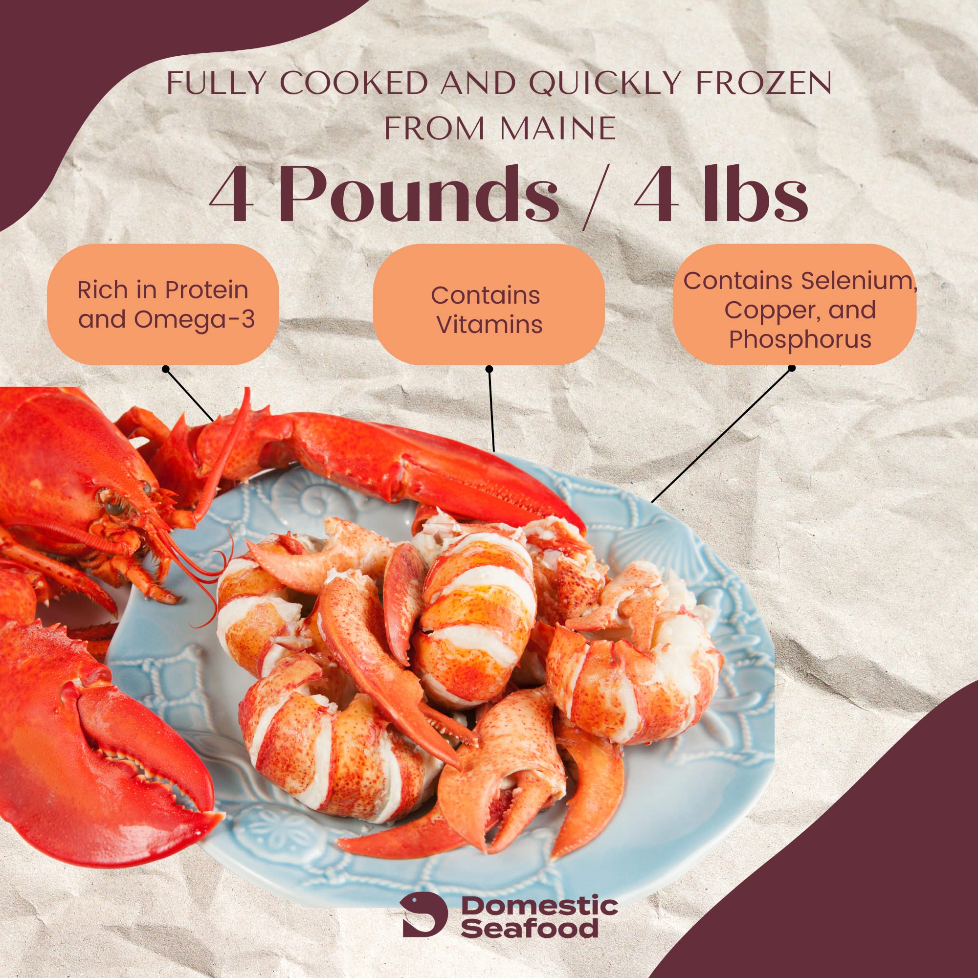 Premium Maine Lobster Meat - 4 lbs Cooked Fresh Frozen Cold Water Claw & Knuckle Meat | High in Protein, Omega-3, Vitamins | Perfect for Pasta, Salads, Lobster Rolls & Gourmet Dishes