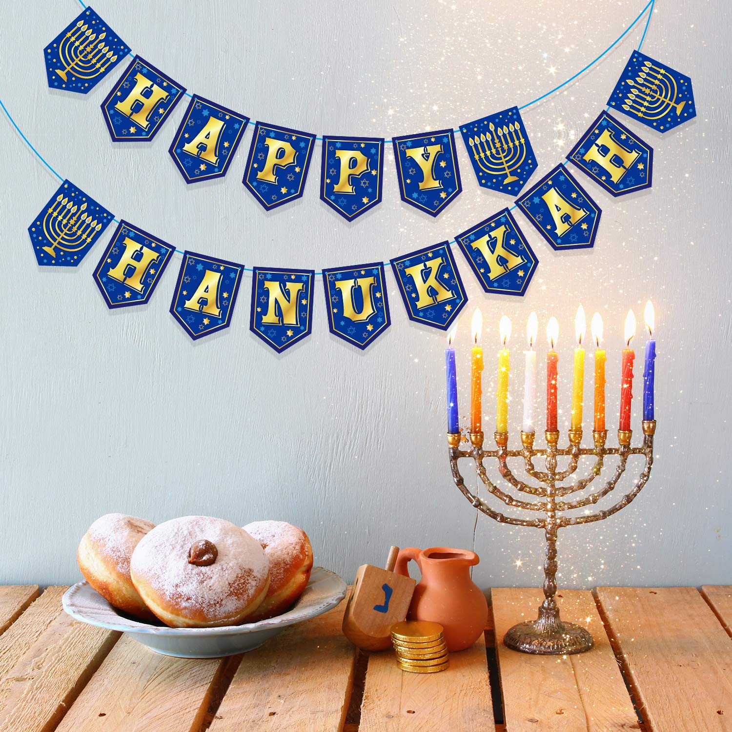 Happy Hanukkah Banner - Chanukah Letter Menorah Pattern Decoration for Jewish Festival of Lights | Party Supplies for Hanukkah Celebrations, Home & Synagogue Decor