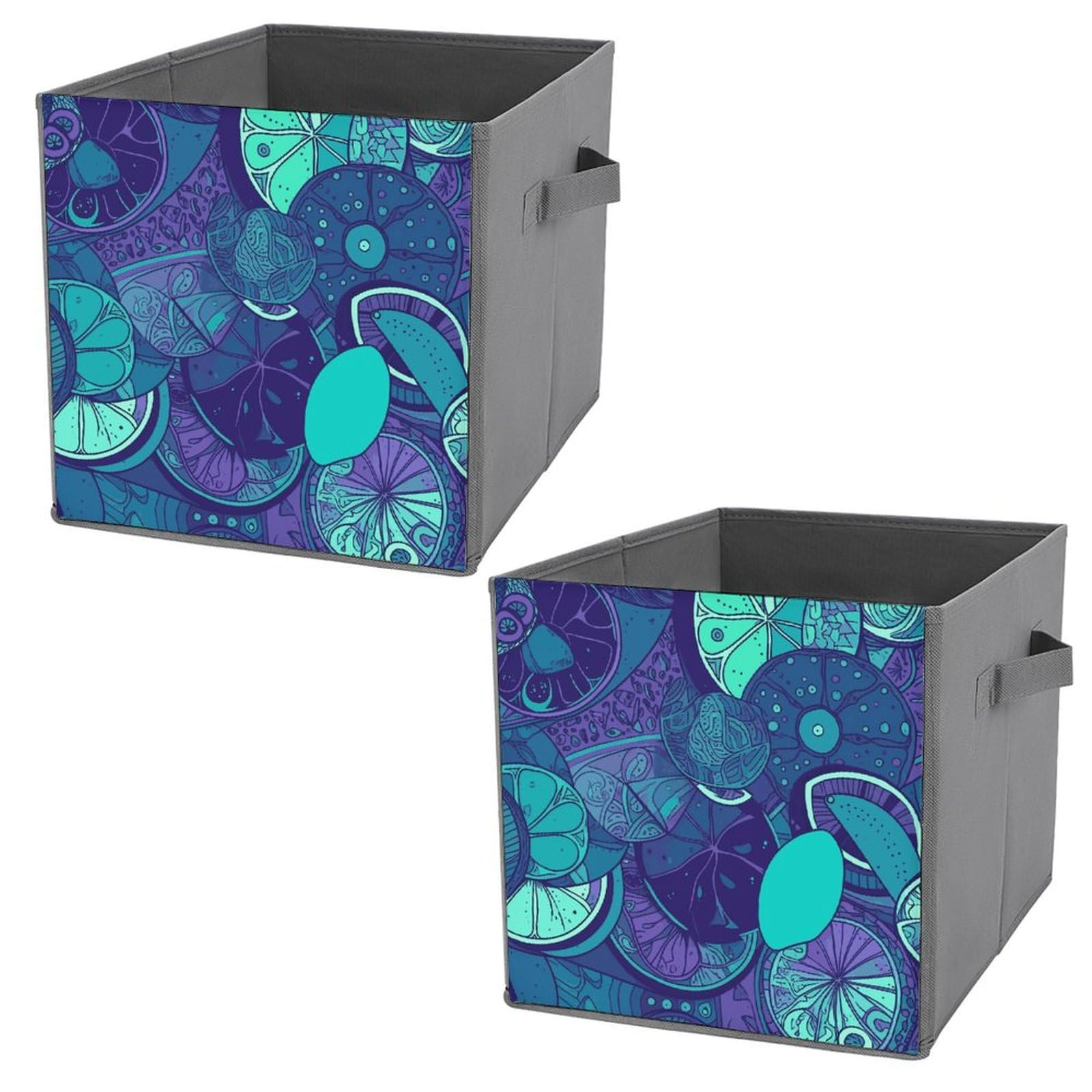 Blue Teal Lemon Printed Storage Baskets - 2 Pack Fabric Storage Bins & Containers for Home Organization | Closet, Nursery, Laundry Room & Bathroom Storage Solutions