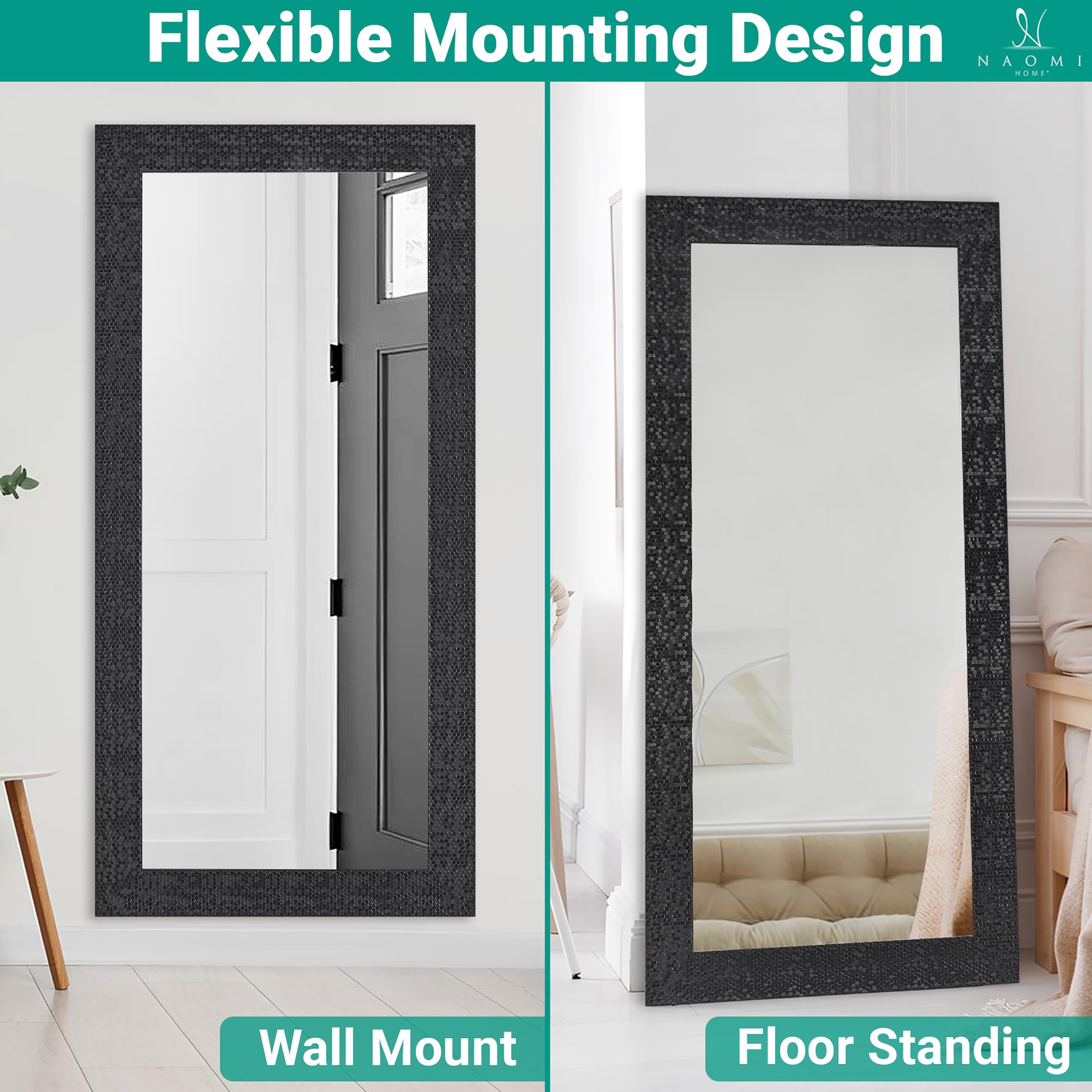 Naomi Home Mosaic Full Length Mirror - Large Black Wall or Floor Mirror for Bedroom, Living Room & Dressing Room Decor