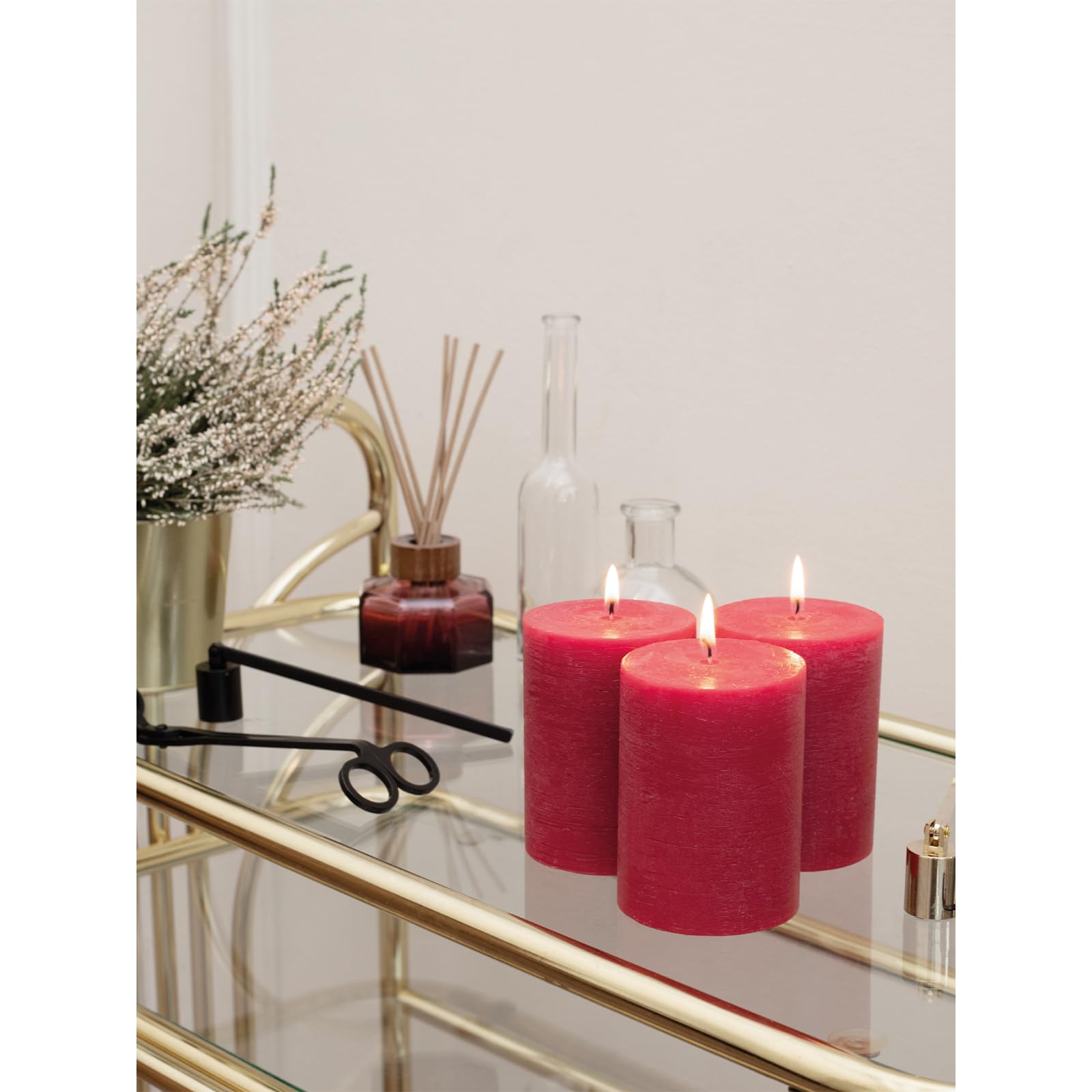CANDWAX 3x4 Inch Pillar Candles Set of 3 - Unscented Non-Drip Decorative Rustic Candles for Weddings, Home Decor, and Centerpieces - Bordeaux Red Large Candles for Romantic Dinners, Fireplace Mantels, and Holiday Tablescapes