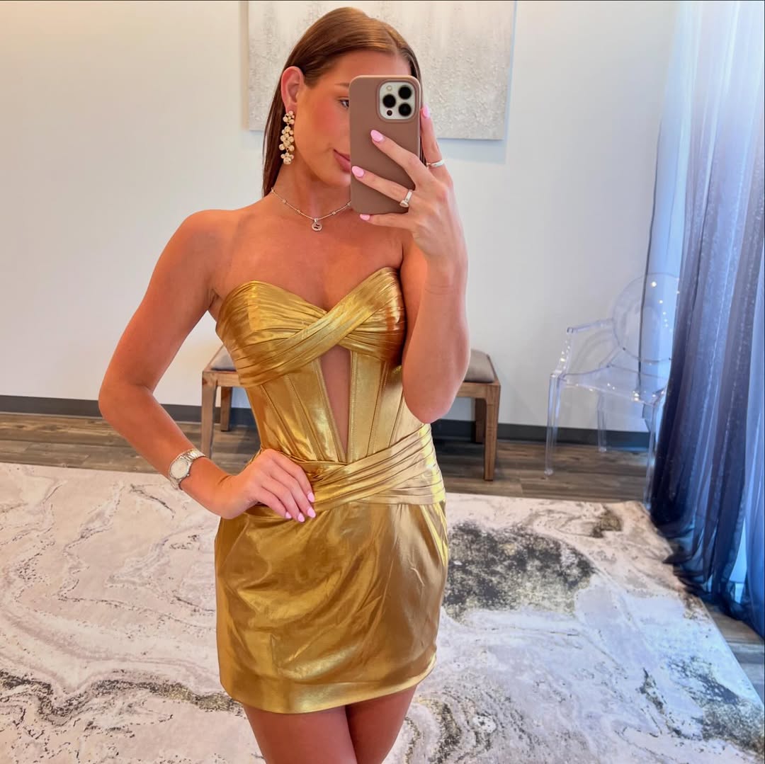 Gold Sheath Short Prom Dress - Elegant Short Evening Gown for Homecoming, Cocktail Party & Formal Events - Style J5295