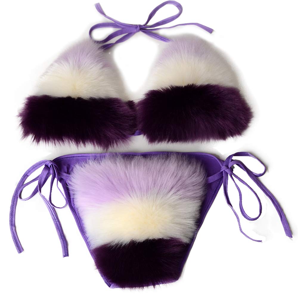 Luxury Women's Triangle Bikini Set with Real Fox Fur Trim - Sexy Swimwear for Beach, Pool & Vacation - Plus Size Swimsuits for Women