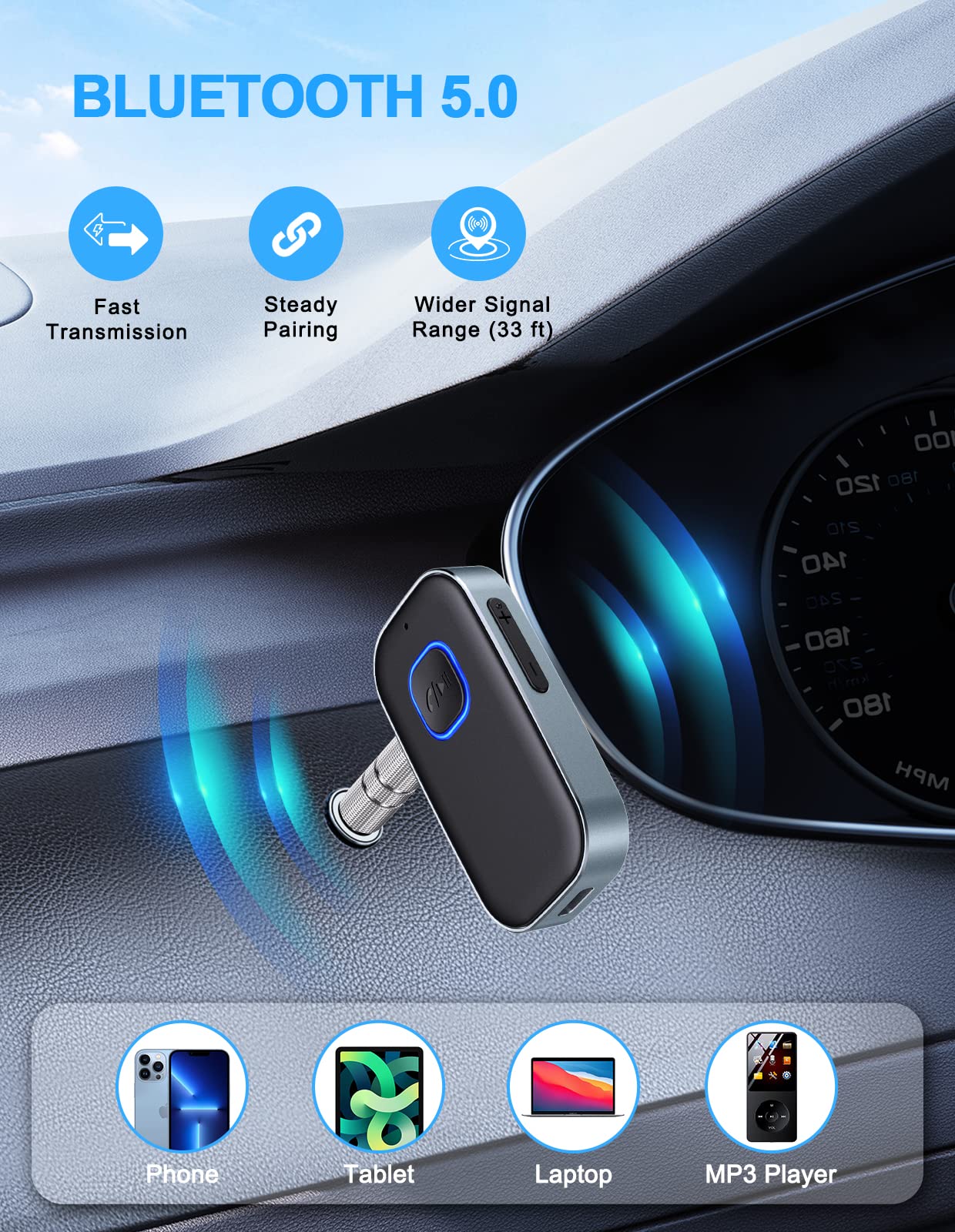 COMSOON Bluetooth AUX Adapter for Car - Wireless Audio Receiver with Noise Reduction for Music & Hands-Free Calls, 16H Battery Life & Dual Connect (Black+Gray) - Perfect for Car Audio Systems, Home Stereo & Speakers