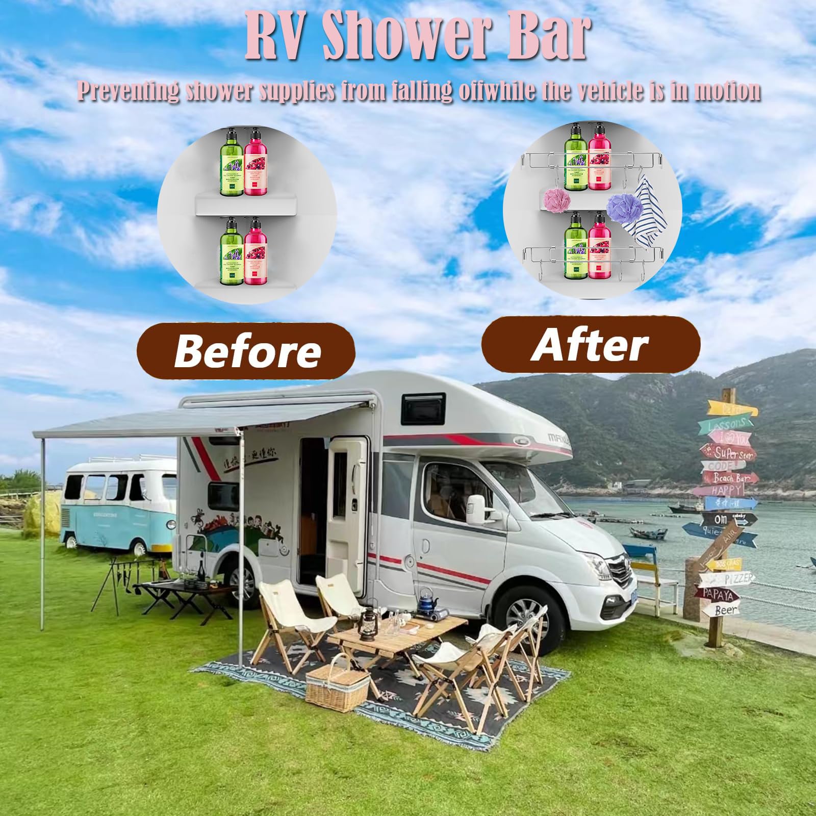 2-Pack RV Bathroom Accessories Kit - Secure Toiletries Organizer for Camper & Travel Trailer - Includes Kitchen/Bath Storage Solutions & RV Refrigerator Food Stabilizers - Perfect for Road Trips & Camping Adventures