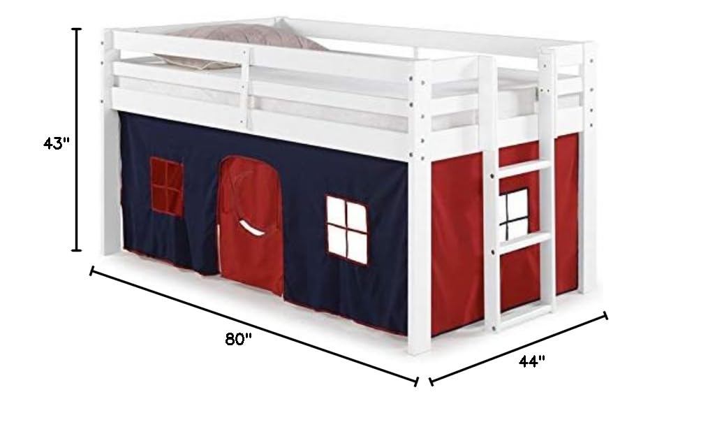 Roseberry Kids Twin Junior Loft Bed with Playhouse Tent - White Frame & Blue/Red Options | Space-Saving Bunk Bed for Small Rooms, Playful Sleep Solution for Toddlers & Kids