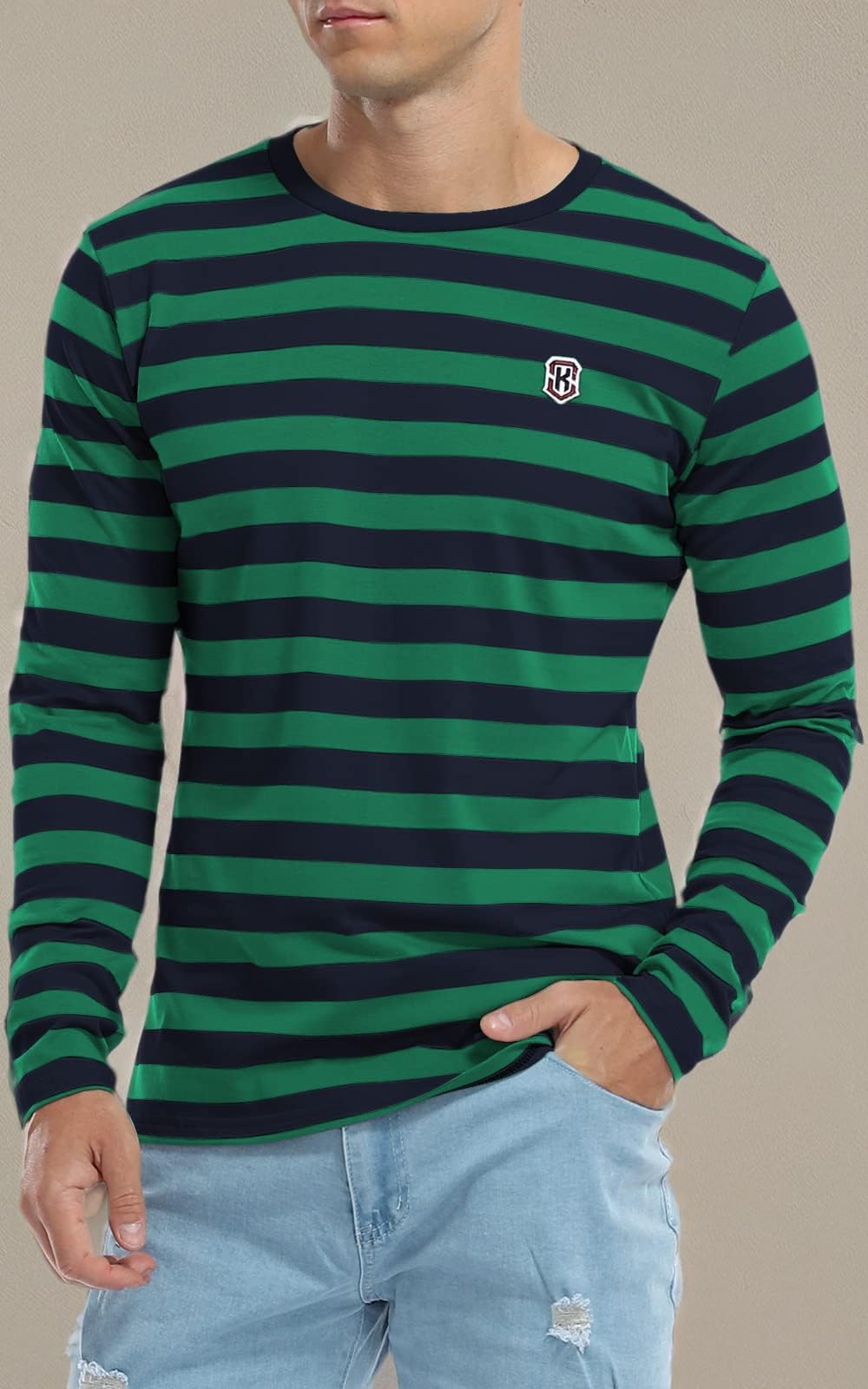 KESIHAN Men's Casual Striped Long Sleeve Crewneck T-Shirt - Comfortable Basic Work Tee for Everyday Wear | Office, Weekend Outfits & Casual Style