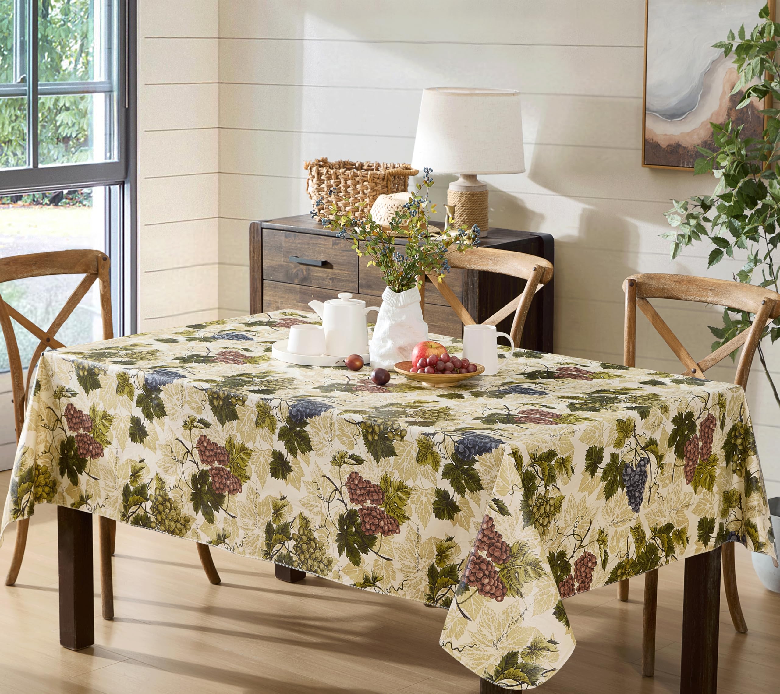 Newbridge 60 x 102 Inch Rectangle Vinyl Tablecloth - Waterproof Flannel Backing with Grapevine Print for Indoor/Outdoor Use | Perfect for Dining, Picnics, BBQs, Patio & Kitchen Decor