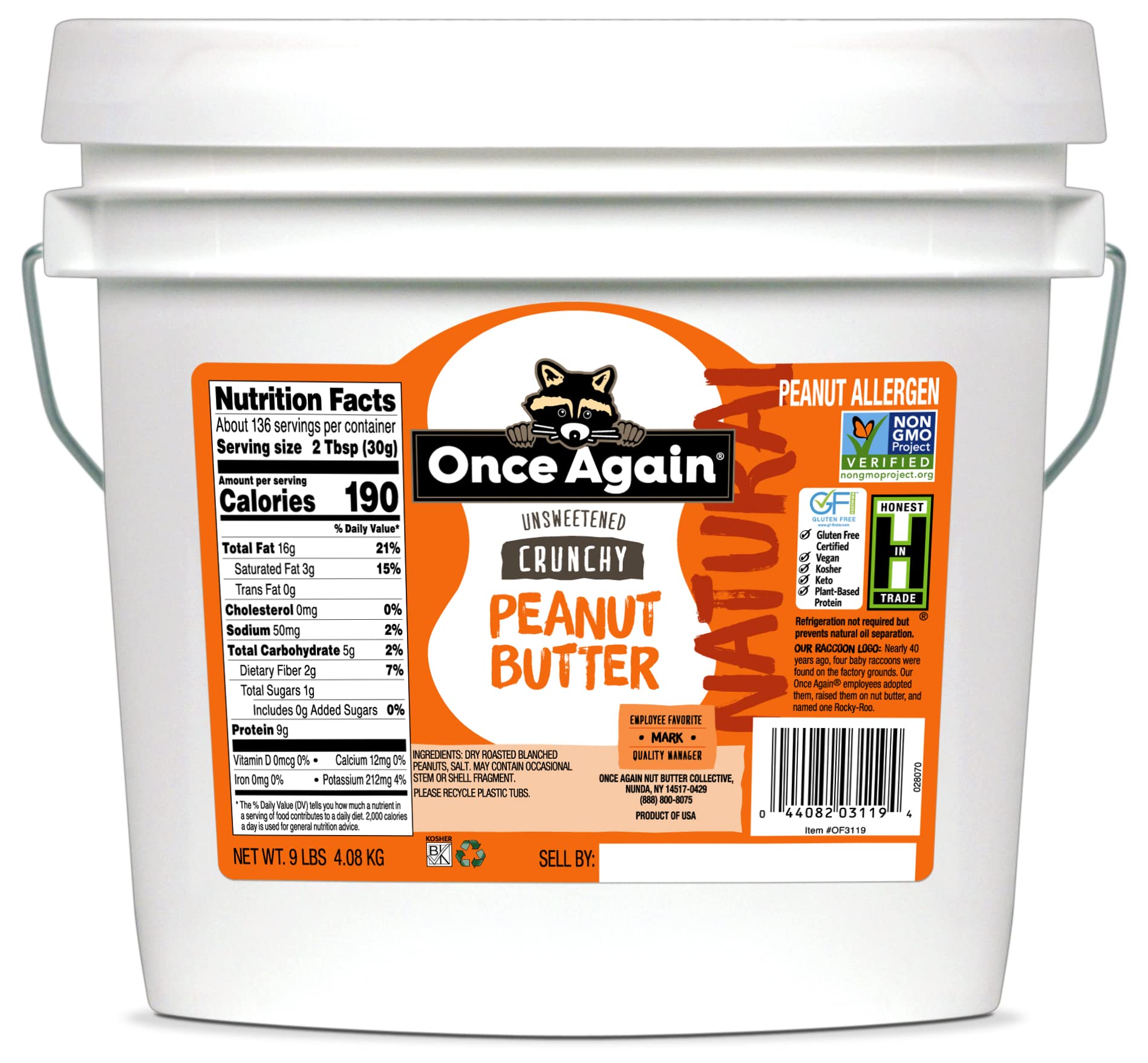 Once Again Natural Crunchy Peanut Butter - 9lb Bulk Bucket (Equivalent to 9 Jars) | Lightly Salted, Unsweetened | Gluten Free, Vegan, Kosher, Non-GMO Certified | Perfect for Baking, Smoothies & Healthy Snacks