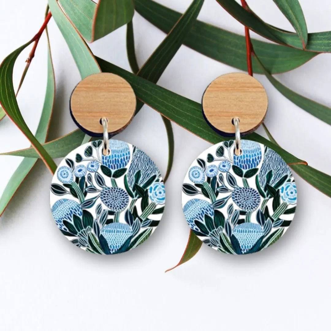 Blue Banksias Wooden Earrings for Women – Handmade Boho Dangle Earrings – Lightweight Wooden Jewelry for Everyday Wear, Parties & Special Occasions