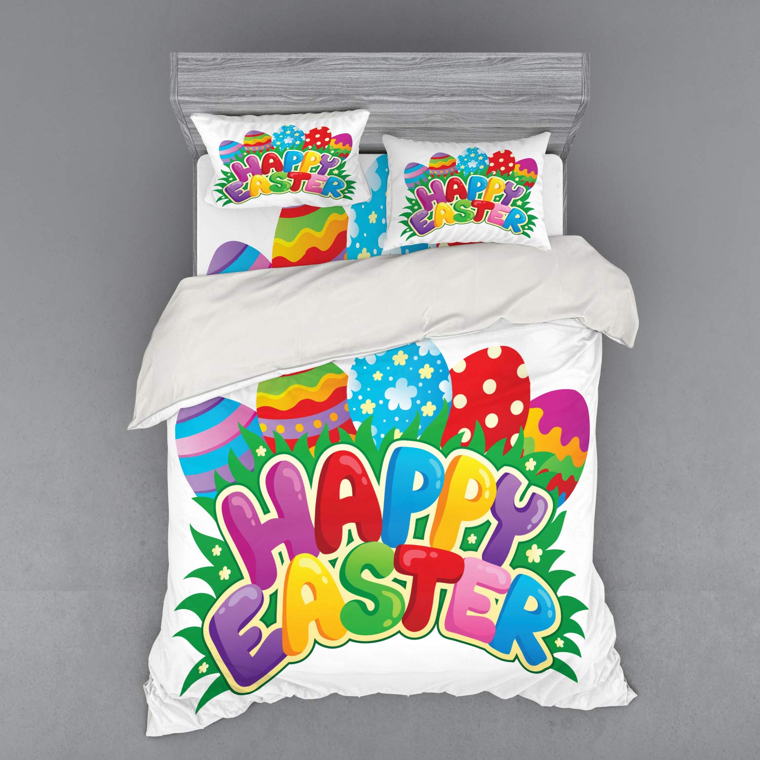 Ambesonne Easter Bedding Set 4-Piece - Queen Size Duvet Cover with Shams & Fitted Sheet, Cartoon Easter Eggs Design with Polka Dots, Flowers, Stripes & Happy Easter Text, Multicolor Spring Decor - Perfect for Easter Home Decor, Guest Room & Seasonal Bedroom Makeover
