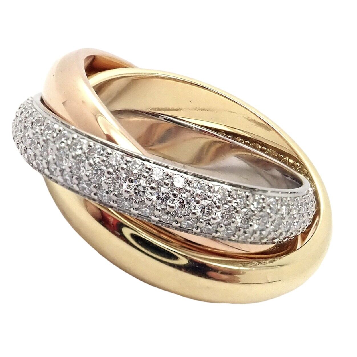 Authentic Cartier Trinity Classic Diamond 18k White Yellow Rose Gold Tri-Color Band Ring - Luxury Wedding, Anniversary & Gift Jewelry for Women