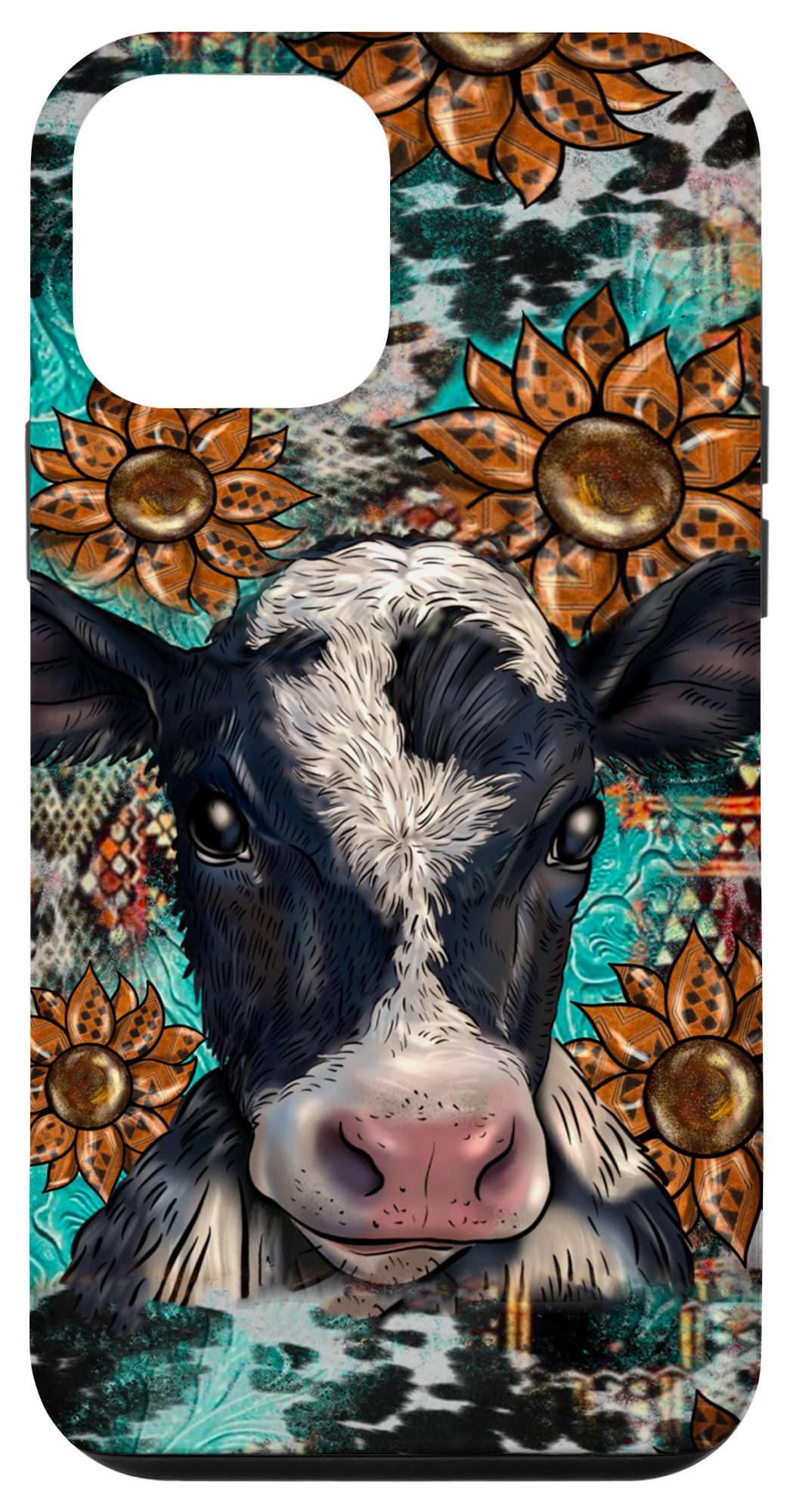 iPhone 12 Mini Case - Cute Sunflower & Cow Print Design - Western Cowhide Farmer Style Protective Cover for iPhone 12 Mini - Perfect for Country Lovers, Farm Aesthetic & Everyday Use