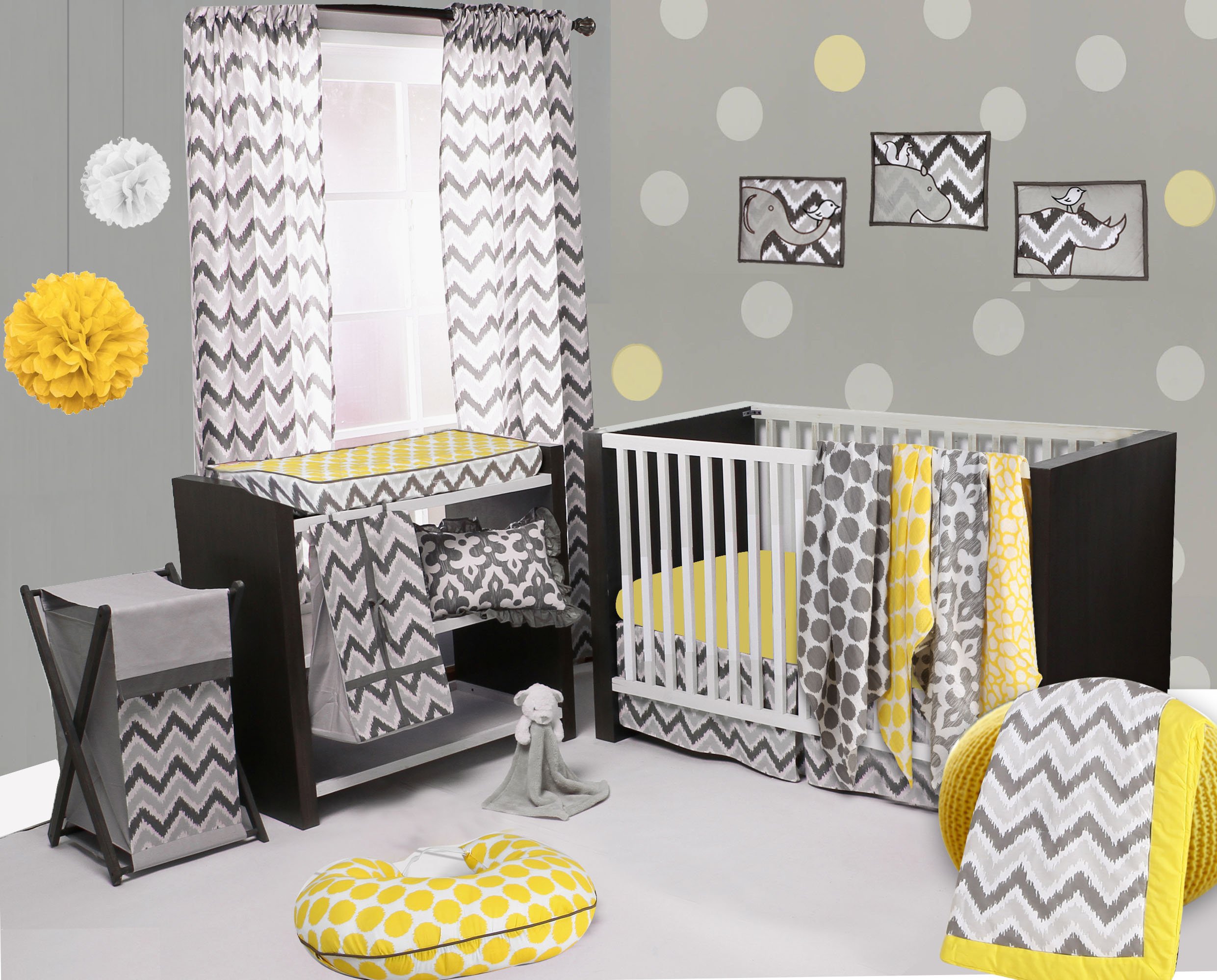 Bacati Yellow Grey Ikat Chevron Muslin 10-Piece Neutral Crib Set with 4 Swaddle Blankets for Standard US Crib | Soft Baby Bedding for Nursery, Newborn Essentials & Shower Gifts
