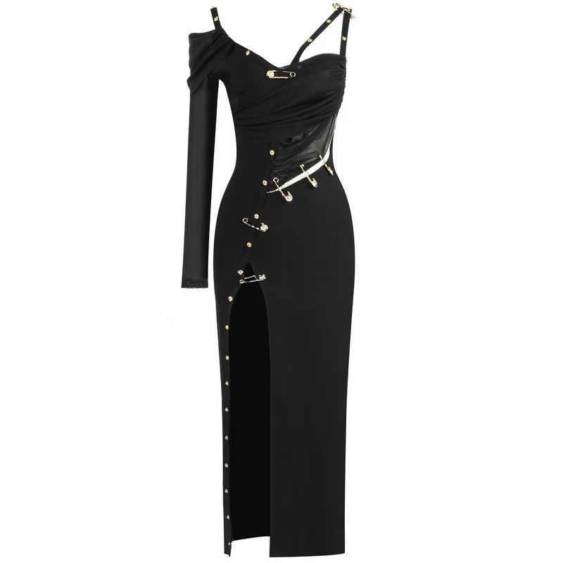 Elegant Black Long Sleeve One Shoulder Rayon Bandage Dress for Women - Sexy Bodycon Cocktail Party Dress with High Slit | Perfect for Night Out, Club, Date Night and Special Occasions