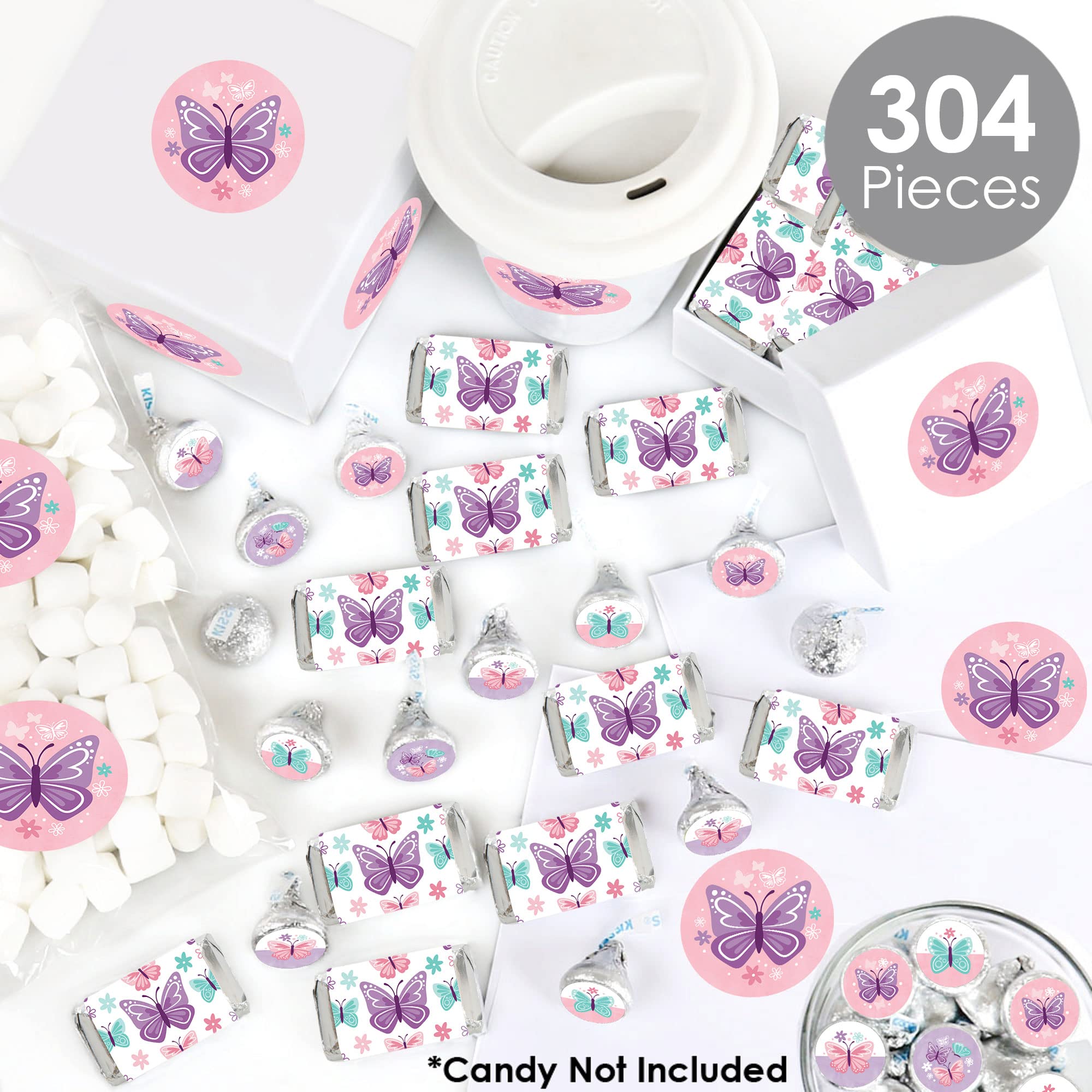 Beautiful Butterfly Mini Candy Bar Wrappers & Circle Stickers - 304-Piece Floral Baby Shower Birthday Favor Kit - Perfect for Party Decorations, Wedding Favors, and DIY Craft Projects