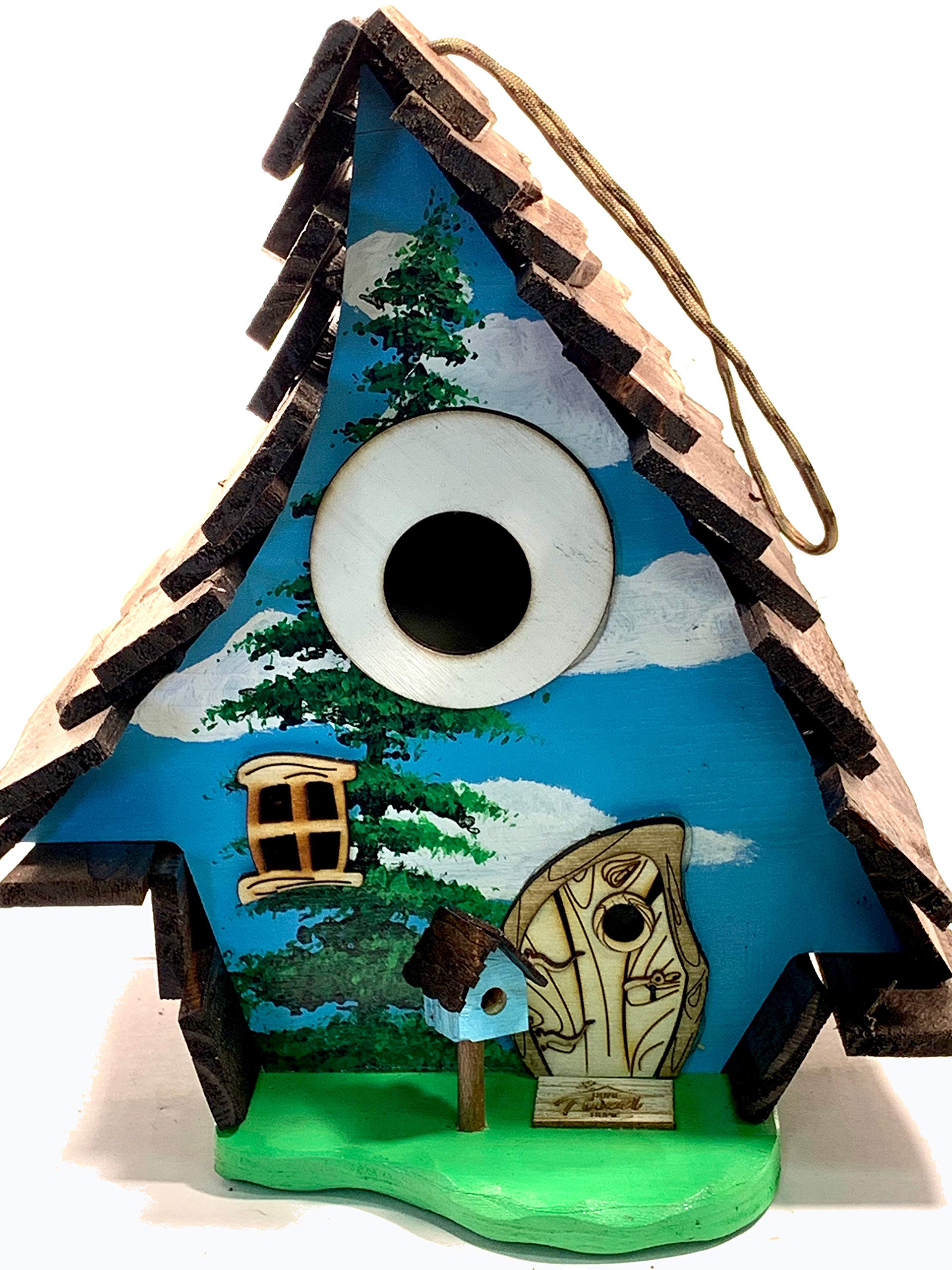 Blue Bird House for Outside Hanging - Weatherproof Wooden Birdhouse with Happy Tree Design - Attract Wild Birds to Your Garden, Backyard or Patio