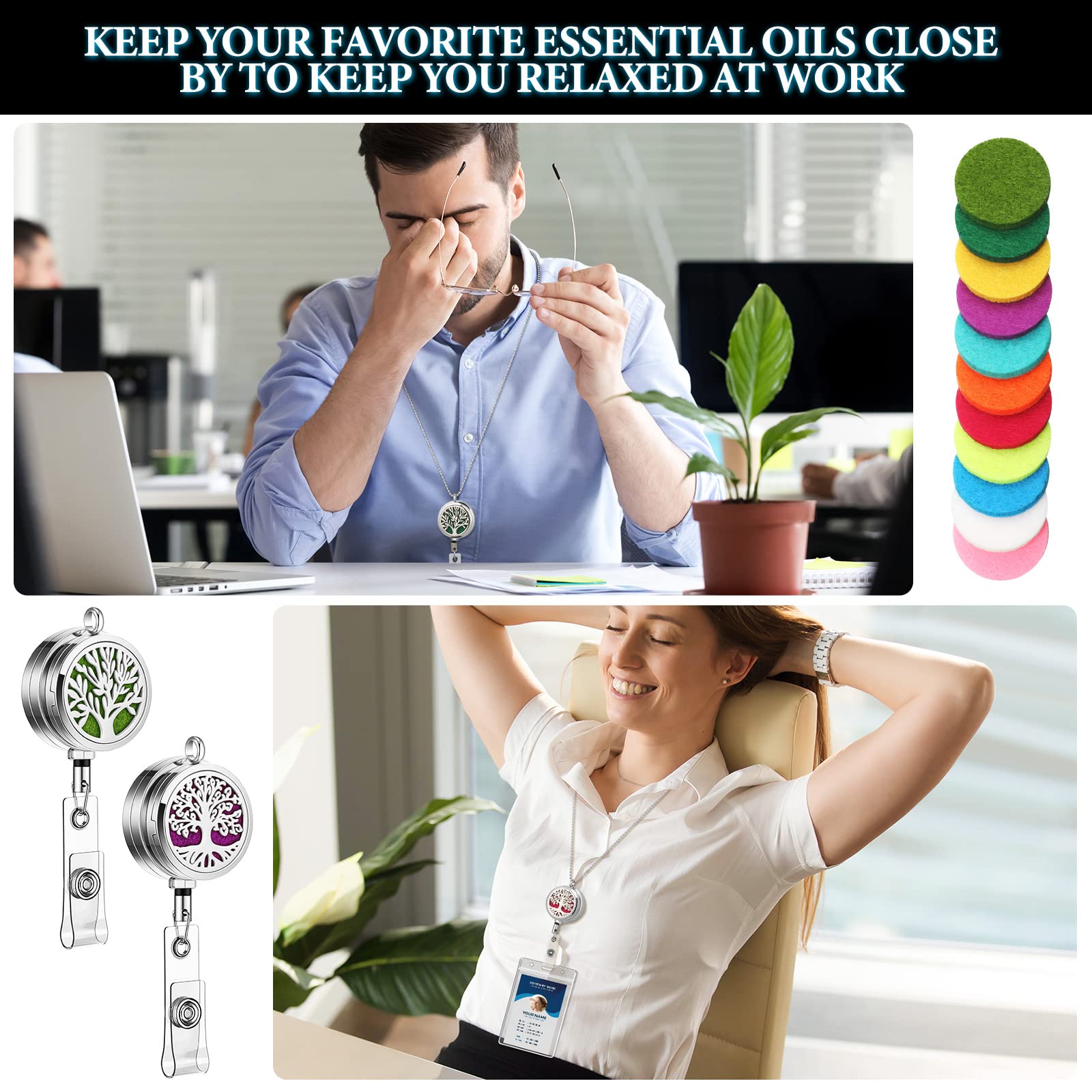 2-Pack Retractable ID Badge Lanyard with Essential Oil Diffuser - Silver Stainless Steel Keychain for Nurses & Professionals
