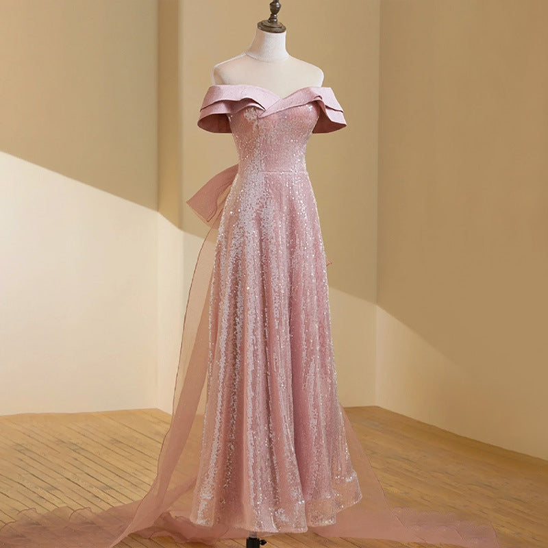 Sparkling Off Shoulder Long Prom Dress with Train - Elegant Shiny Pink Evening Gown for Homecoming, Pageant & Formal Events | Perfect for Prom Night, Wedding Guest & Special Occasions