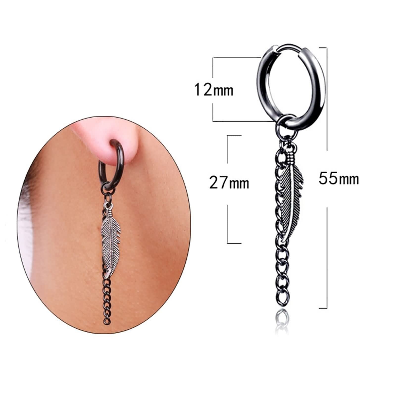 Trendy Stainless Steel Hoop Earrings with Feather Chain - Round Piercing Jewelry for Women & Men - Perfect for Parties, Gifts & Everyday Wear