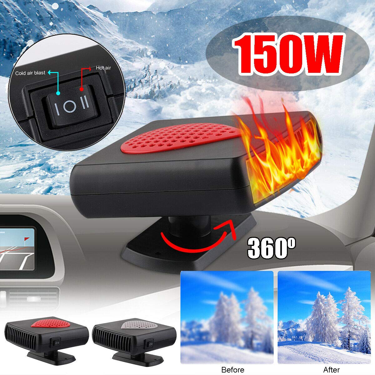 12V/24V 150W Portable Car Heater Fan & Defroster - 3-in-1 Heating, Cooling & Air Purifier for Winter Defrosting & Summer Ventilation - Ideal for Trucks, SUVs & Vehicles