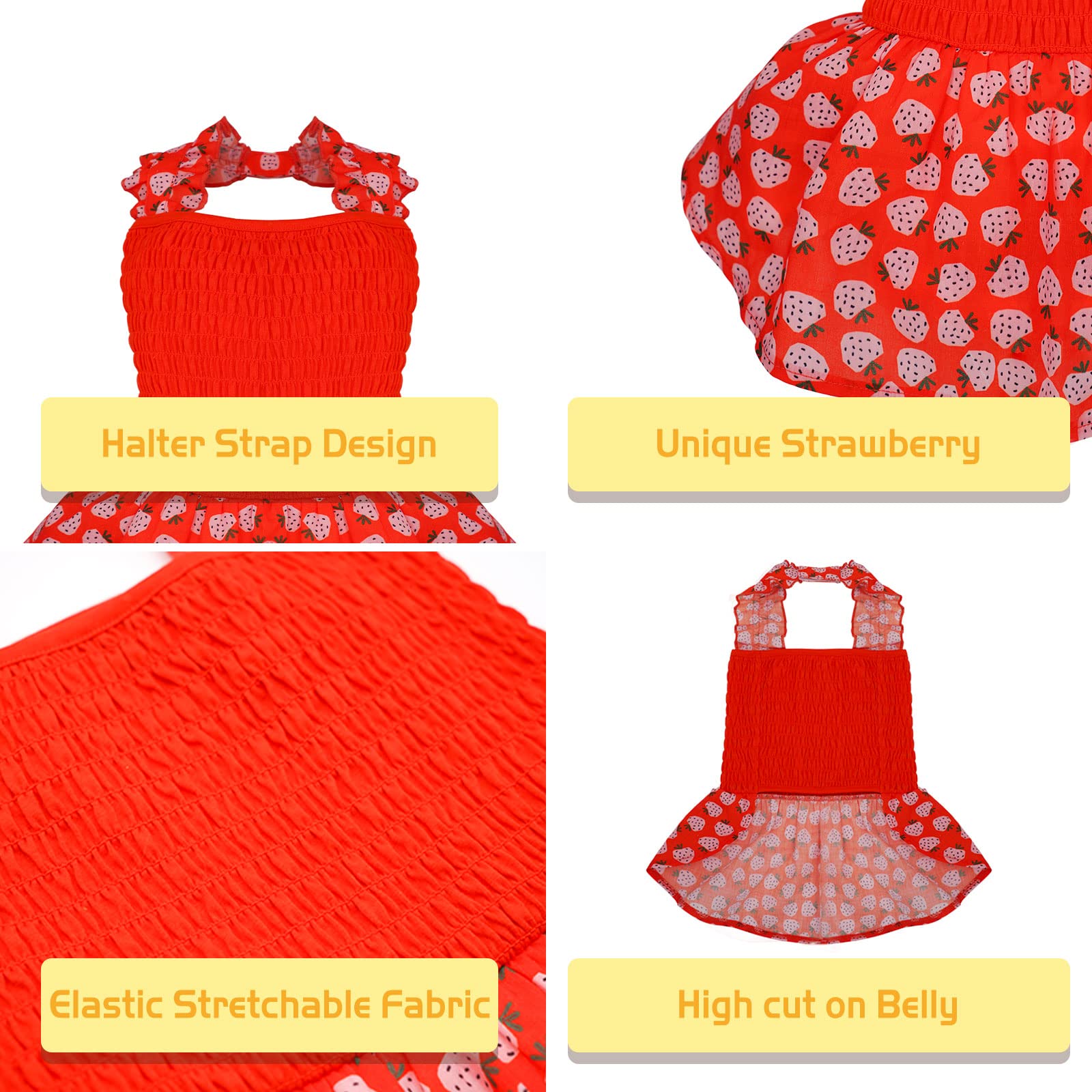 KYEESE Red Strawberry Pattern Dog Dress - Adjustable Halter Skirt Sundress for Small Dogs | Perfect for Summer Outings, Pet Parties & Photo Shoots