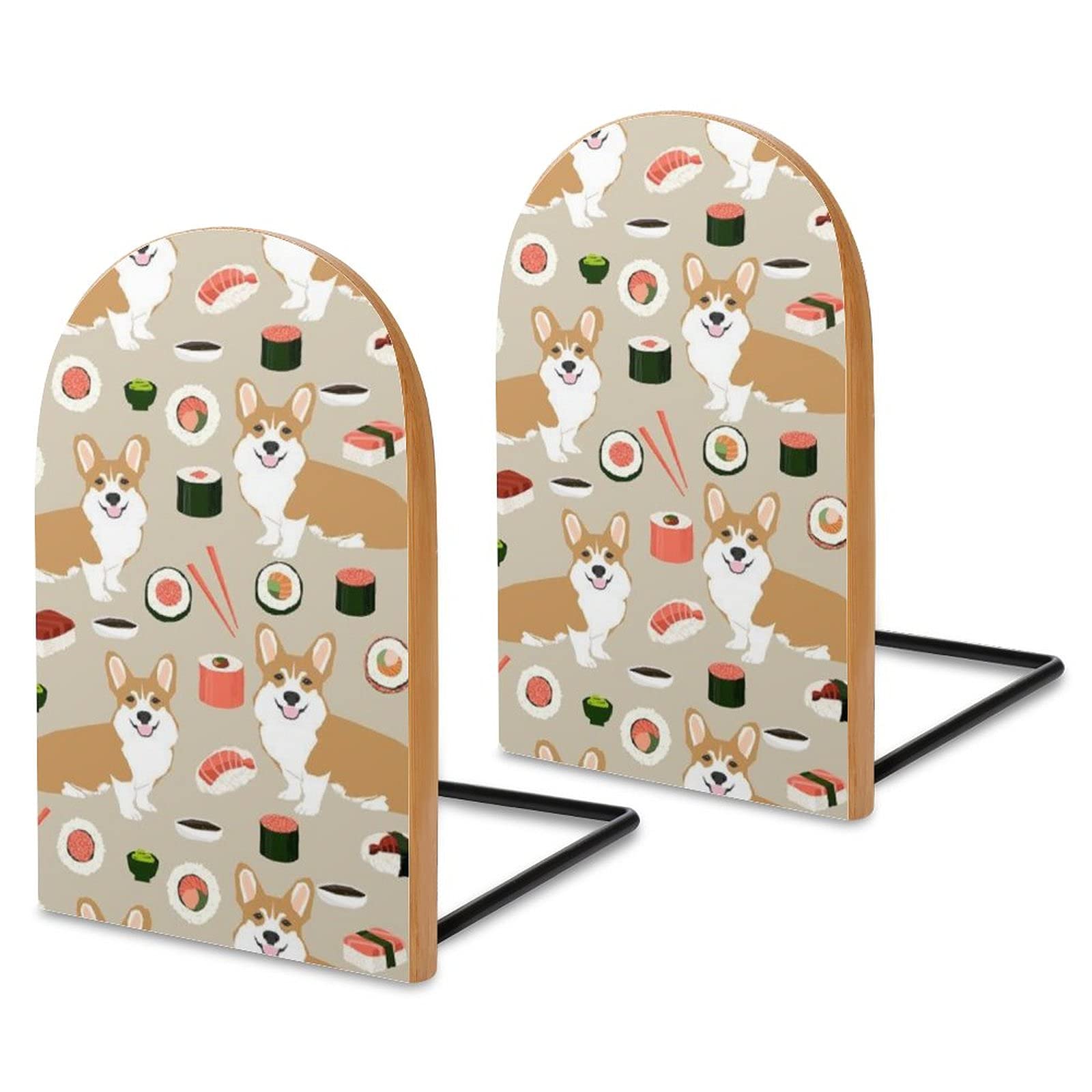 Decorative Wood Bookends Set of 2 - Heavy Duty Corgi Sushi Design Non-Slip Book Supports for Office, Home, School & Kitchen - Perfect for Organizing Bookshelves and Adding Style to Any Room